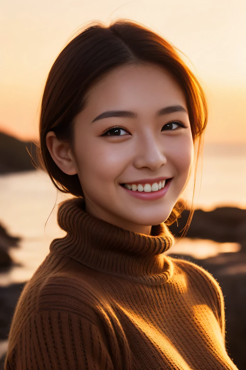 The face is a hostess、turtleneck sweater、high quality、surreal、healthy、smile、Slender perfect figure、beauty of japan、beautiful eyes、perfect face、beautiful skin、sunset、big