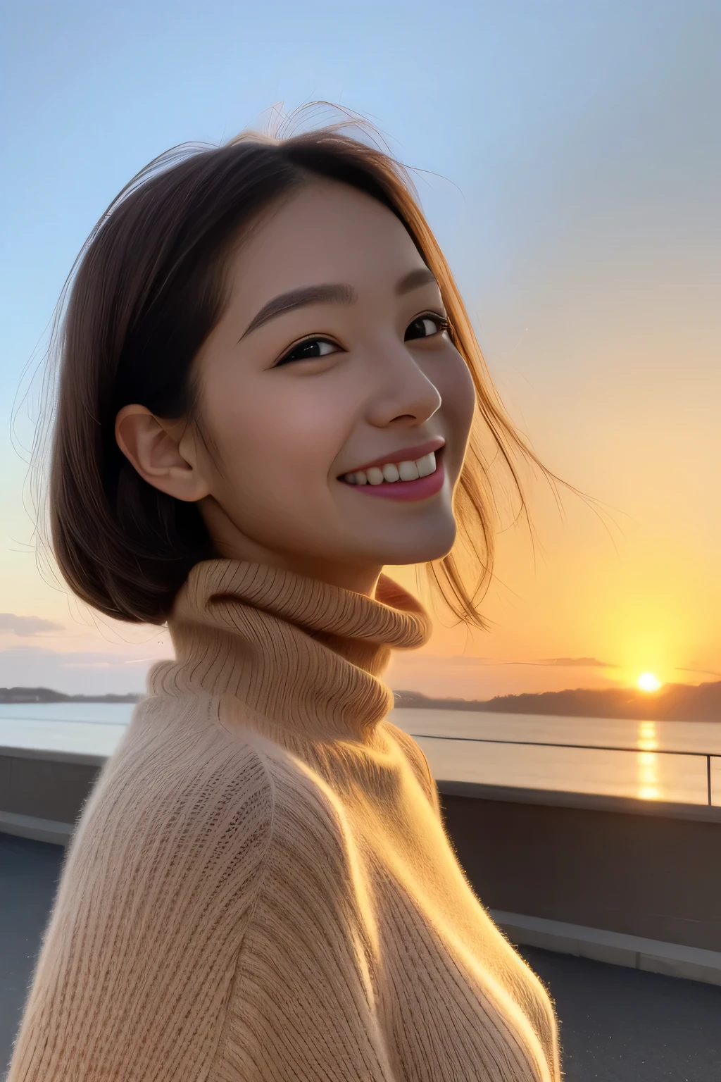 The face is a hostess、turtleneck sweater、high quality、surreal、healthy、smile、Slender perfect figure、beauty of japan、beautiful eyes、perfect face、beautiful skin、sunset、big