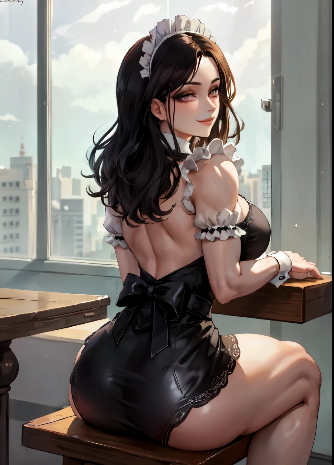 1girl, ass ,maid,victorian,shiny skin ,seductive smile,from behind,sitting,miniskirt, (masterpiece, high quality:1.2)