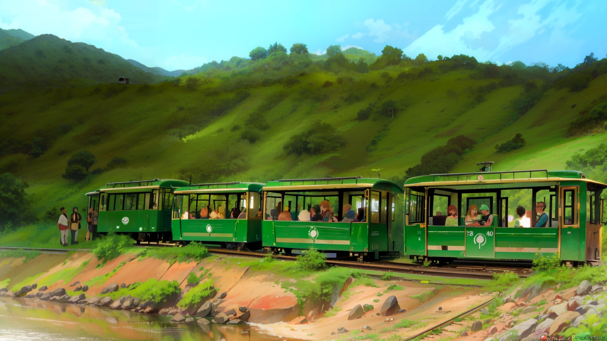 there is a green train with people riding on it on the tracks, train, on a jungle forest train track, trams, tram, YouTube thumbnail, panoramic, 4 0 9 6, trams ) ) ), looks very realistic, friendly, woman, a beautiful, tourist attraction, trip, 🕹️ 😎 🔫 🤖 🚬, , woman, lifestyle