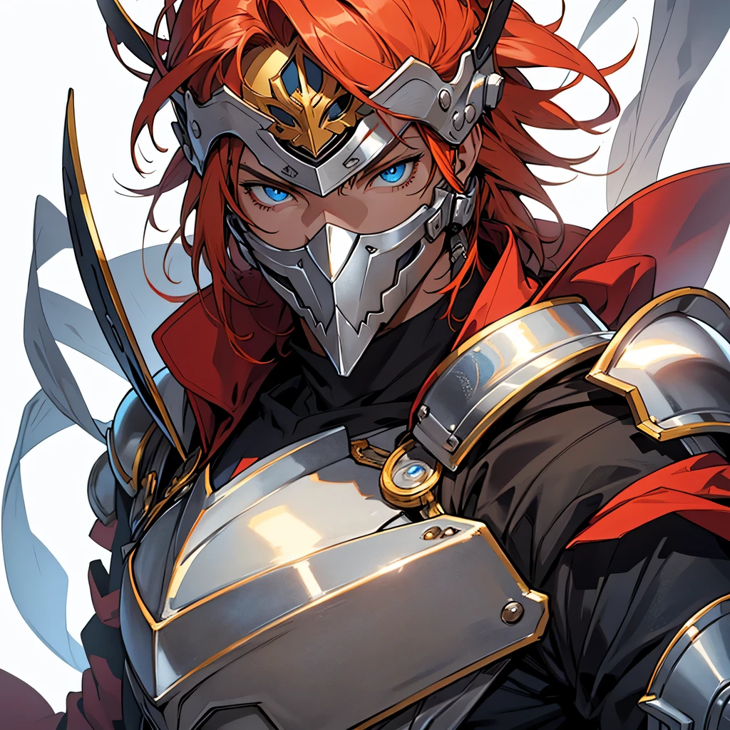 anime, masterpiece, best quality, by professional artist, male, solo, portrait, detailed composition, detailed eyes, white background, red orange hair, wearing a silver and gold full face helmet that also covers his mouth, silver medieval fantasy heavy armor, glowing blue eyes, masculine