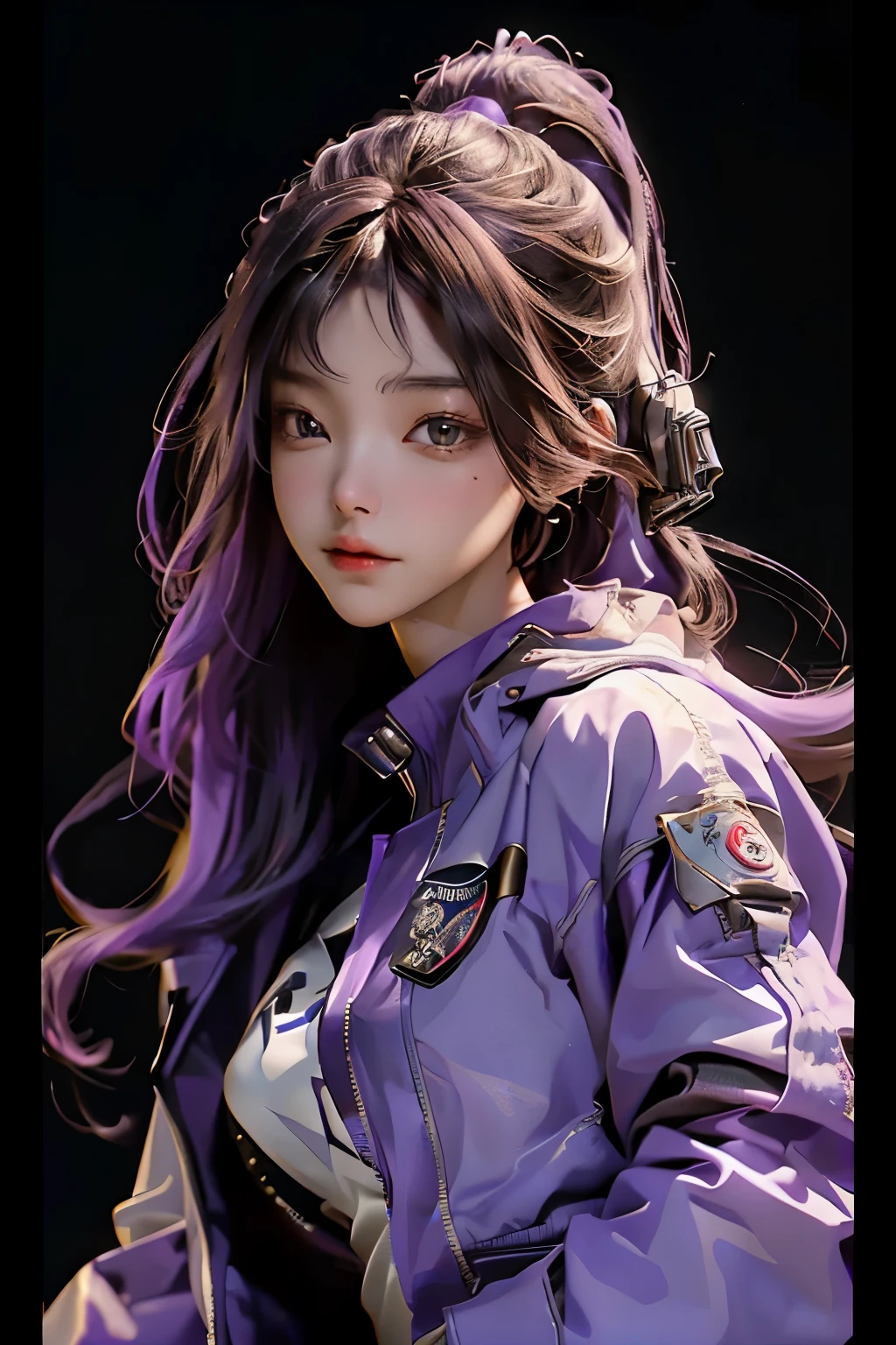 A 20-year-old girl, clad in an astronaut helmet and a perfect body, captivates the audience with her allure. Her cleavage is accentuated by the snug fit of her white t-shirt, and her big beautiful eyes sparkle with excitement. Long brown locks cascade down her shoulders, complementing her purple outer jacket. The half-body frame is rendered in the Leagues of Legends arcane art style, exhibiting intricate digital details. The high definition image showcases her reflective skin, making every pore and contour pop. The excited facial expression on her face adds to the overall dynamism of this masterpiece.