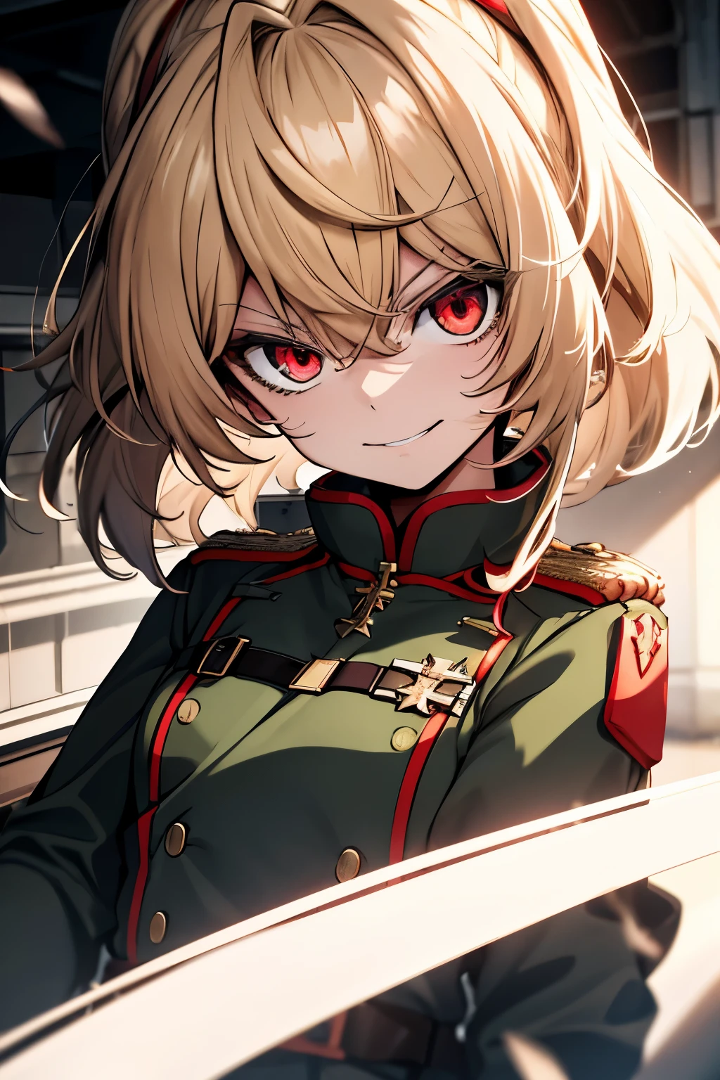 (masterpiece, best quality: 1.1), 1girl solo, tanya, 1girl, solo, , flat chest, small breasts, curvy, military, military uniform, ,, evil smile, wicked expression, anger, red eyes, neutral lighting