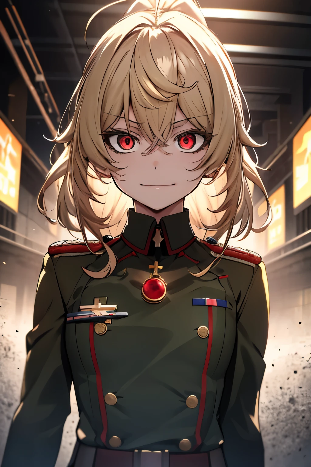 (masterpiece, best quality: 1.1), 1girl solo, tanya, 1girl, solo, , flat chest, small breasts, curvy, military, military uniform, ,, evil smile, wicked expression, anger, red eyes, neutral lighting