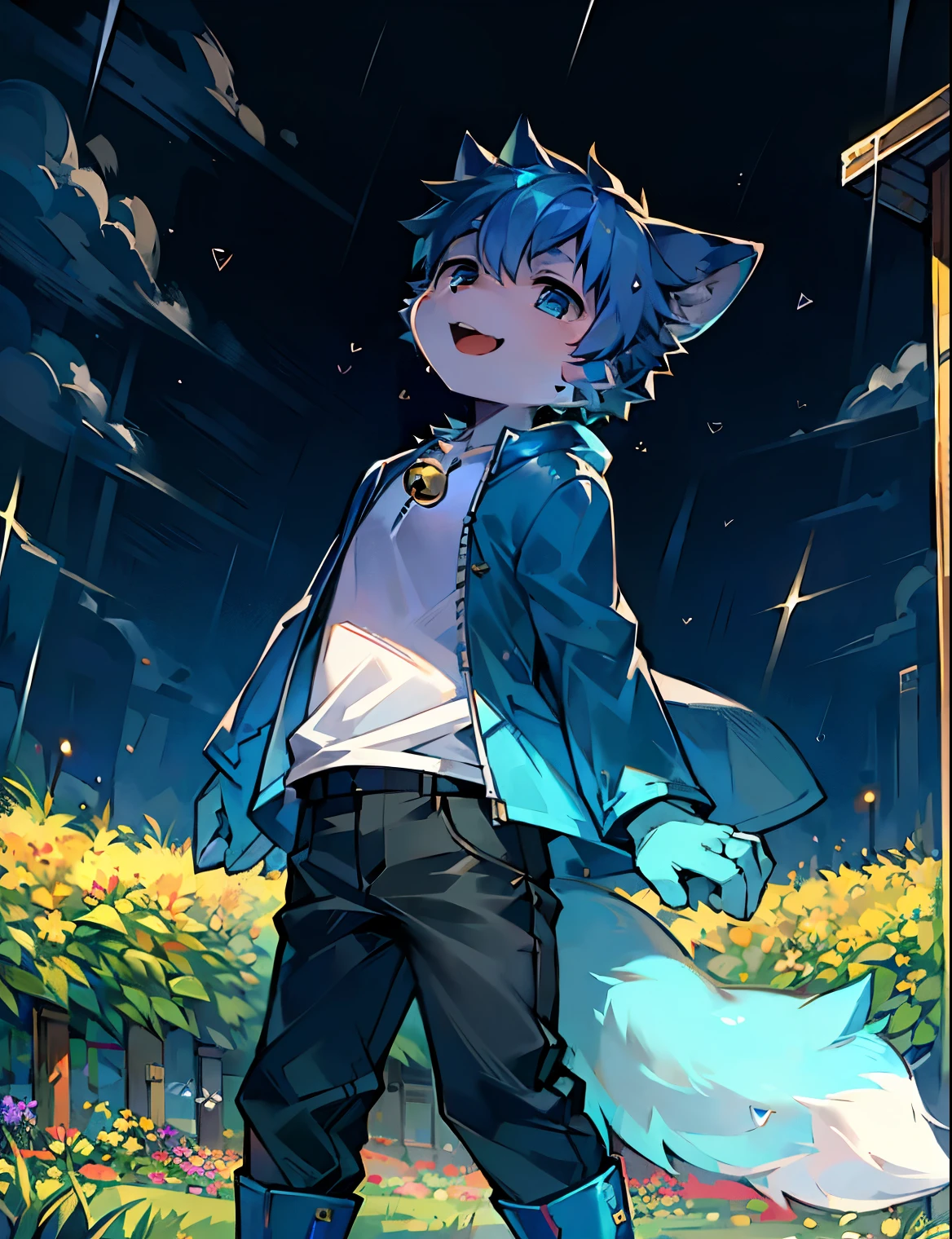 Field garden,A boy wearing a shirt appears, Blue raincoat and black pants,He was lovely,Has a big fluffy tail and cat ears。His short blond hair is accompanied by a string of bells and headphones,mouth slightly open,Have fun in the rain,There are no spots on him,The whole body is covered with blue fur,Like a cute little cub。he is alone,Pose in the rain,Let your entire body face the camera。The blue rain boots on his feet add a playful touch to his outfit。This boy is a masterpiece,Presented in high-quality portrait form。