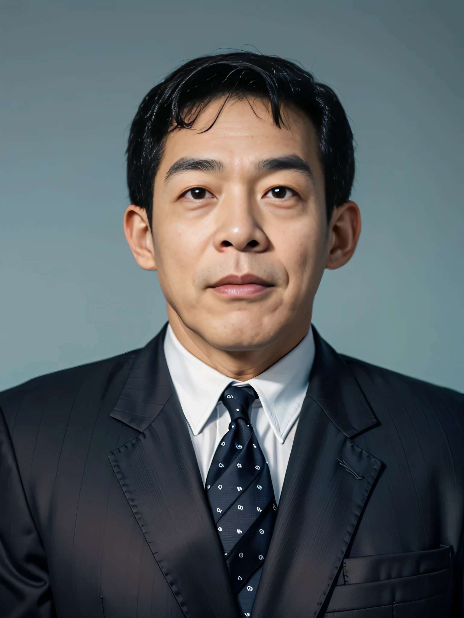 Highly realistic photo, ((masterpiece), (best quality), (raw photo), (photorealistic:1.4), Portrait of Vietnamese old man, 65 years old, ((black hair)), ((wearing a dark suit)), ((light blue background)), photo taken by Sony A7IV