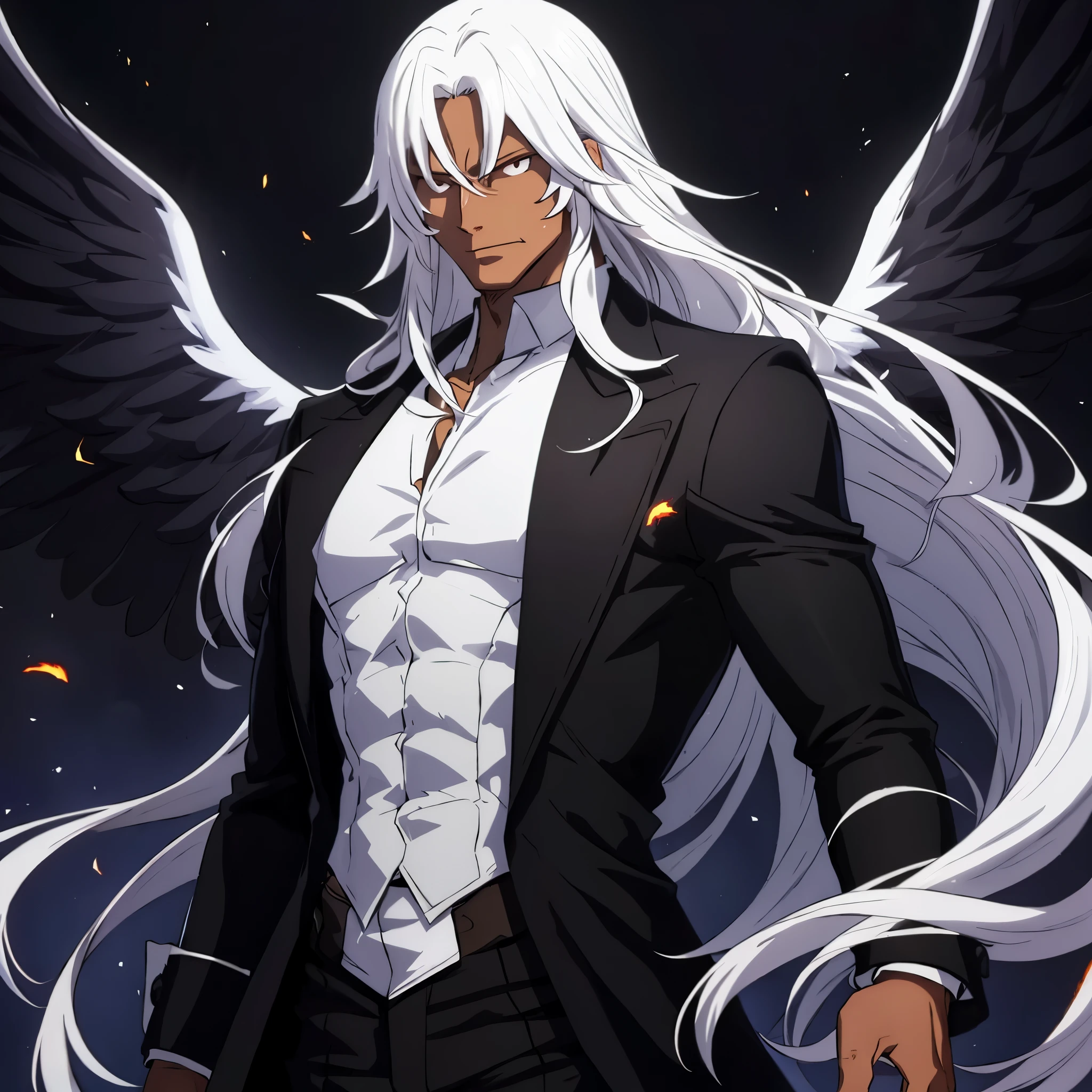 Tall, fit man, dark skin, wearing ordinary clothes, shirt, pants, smooth body, long white hair, has a pair of large black wings, large flames, black background.