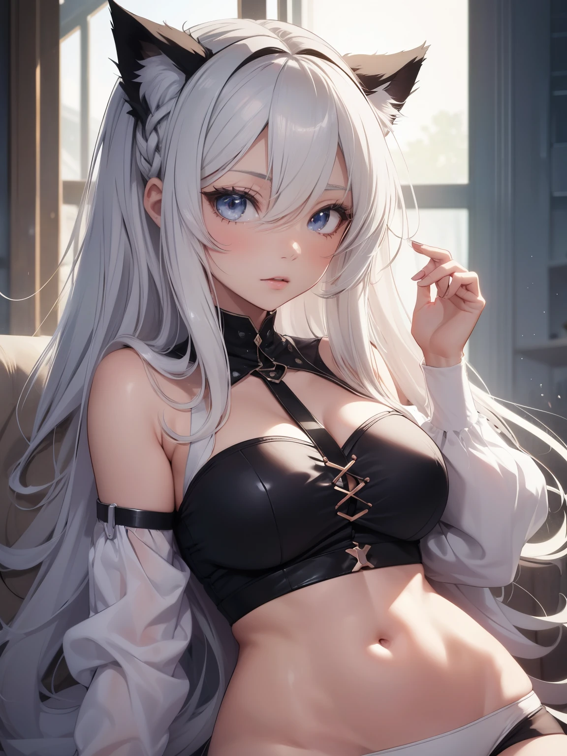 (best quality, 4k, 8k, highres, masterpiece:1.2)
1girl
ultra-detailed
detailed face
detailed lips and eyes
expressive face
BREAK
NUKONYA anime girl with cat ears, anime drawing by Shitao, pixiv, tachisme, seductive anime girl, perfect white haired girl, beautiful alluring anime woman, 17 years old, beautiful alluring anime teen, anime barbie in white stockings, beautiful anime girl, attractive anime girl, small curvy , anime girl, girl with white hair, light-brown skin, big brown eyes, medium-long hair, bangs, french braid, slim figure, (small breast:1)