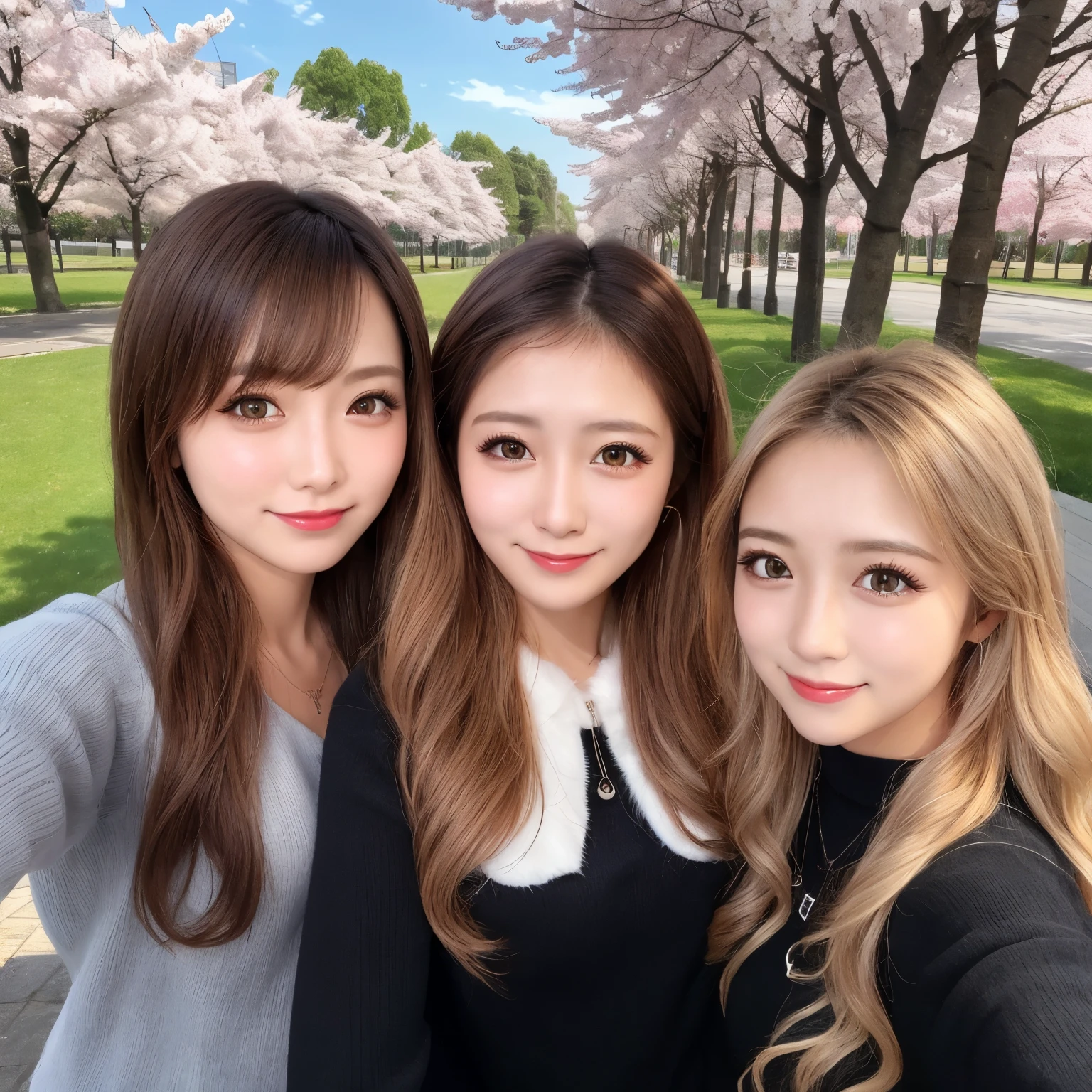 Photorealistic, 3 beautiful japanese gals, selfie, face enhancement, face zoom, big smile, Long blonde hair, wavy hair, dark skin, row of cherry trees, looking up from below