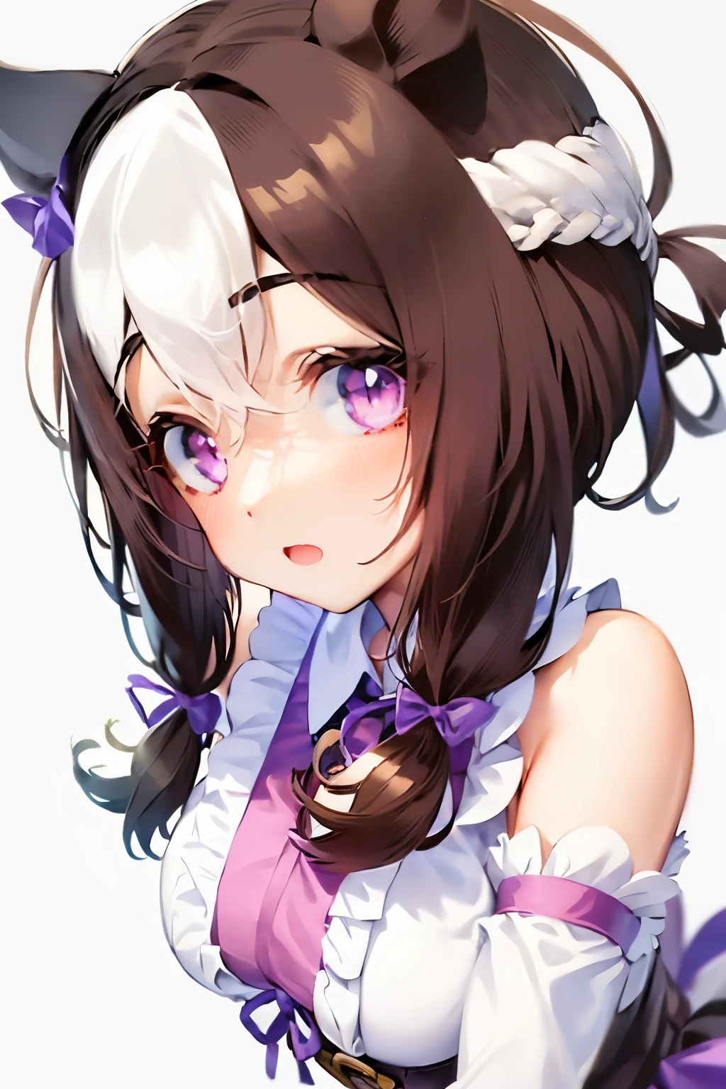 special_week_\(Umamusume)、bow ribbon、bow ribbon、bow ribbon、corsets、Fluffy breasts、nursing、toppless、teats、The upper part of the body、(Refers to the viewer:1.3)、Happiness、(White background:1.5)、(front-facing view:1.3)