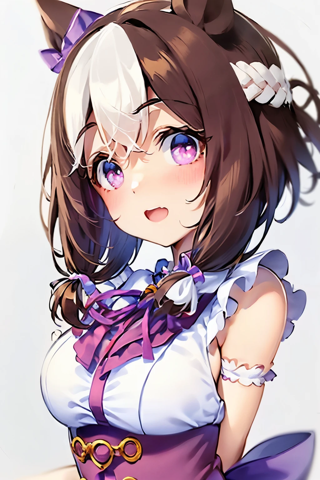 special_week_\(Umamusume)、bow ribbon、bow ribbon、bow ribbon、corsets、Fluffy breasts、nursing、toppless、teats、The upper part of the body、(Refers to the viewer:1.3)、Happiness、(White background:1.5)、(front-facing view:1.3)