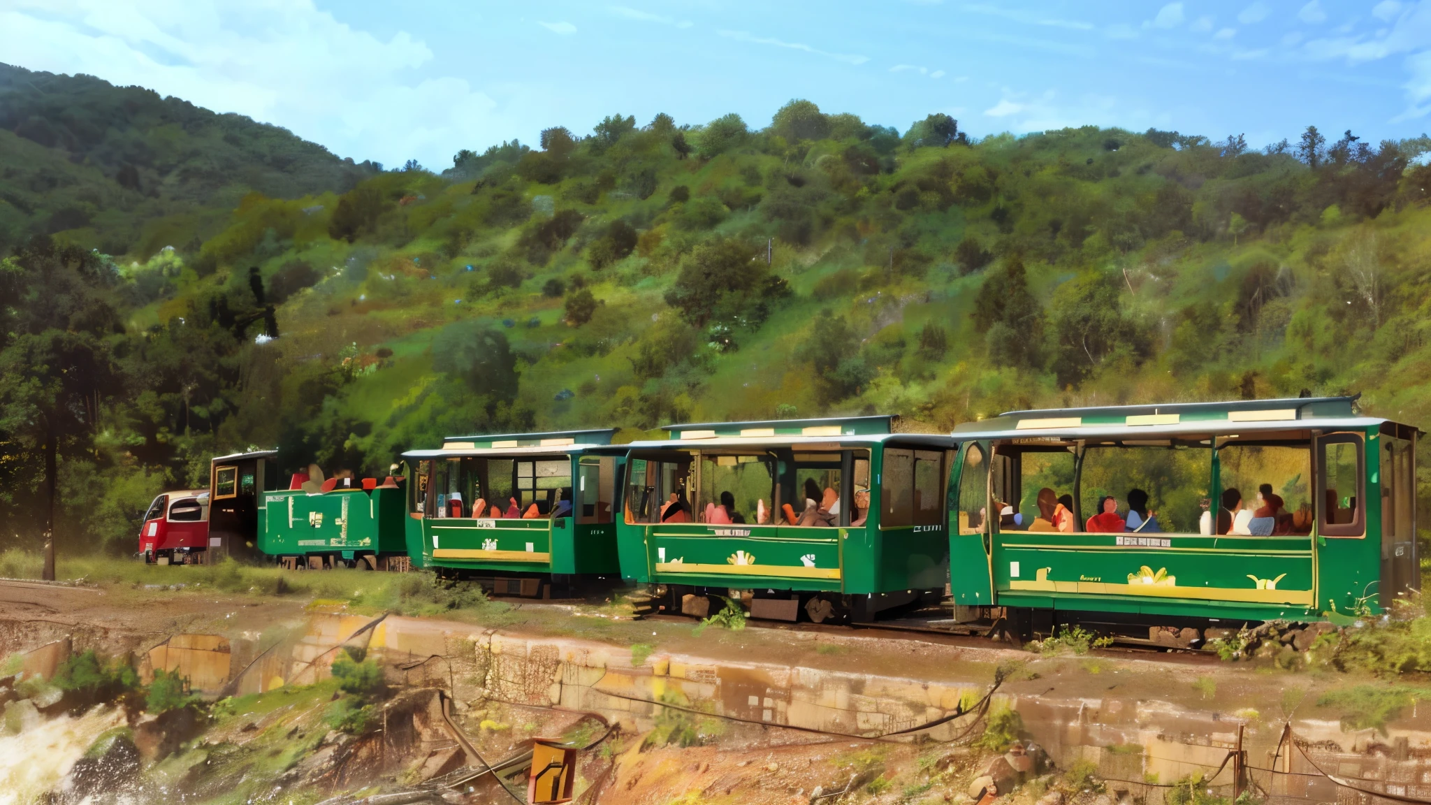 there is a green train with people riding on it on the tracks, train, on a jungle forest train track, trams, tram, YouTube thumbnail, panoramic, 4 0 9 6, trams ) ) ), looks very realistic, friendly, woman, a beautiful, tourist attraction, trip, 🕹️ 😎 🔫 🤖 🚬, , woman, lifestyle