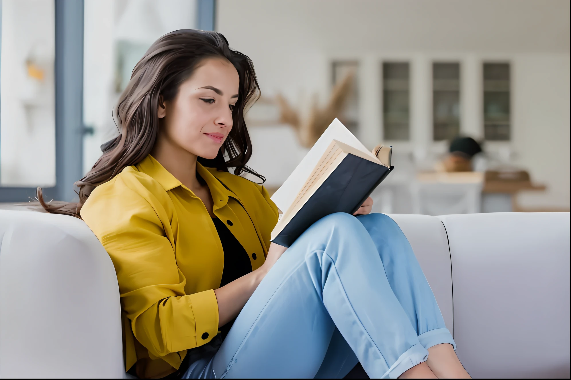 woman sitting on a couch reading a book while looking at the camera, Ler um livro, Lendo novo livro, leitura na biblioteca, Segurando um livro, relaxing on a couch, Lendo o livro sobre o amor, sitting on a couch, arte mista, sitting on couch, Directed by: Nicolette Macnamara, bem editado, foto de retrato, senhora usando vestido amarelo, infp mulher jovem