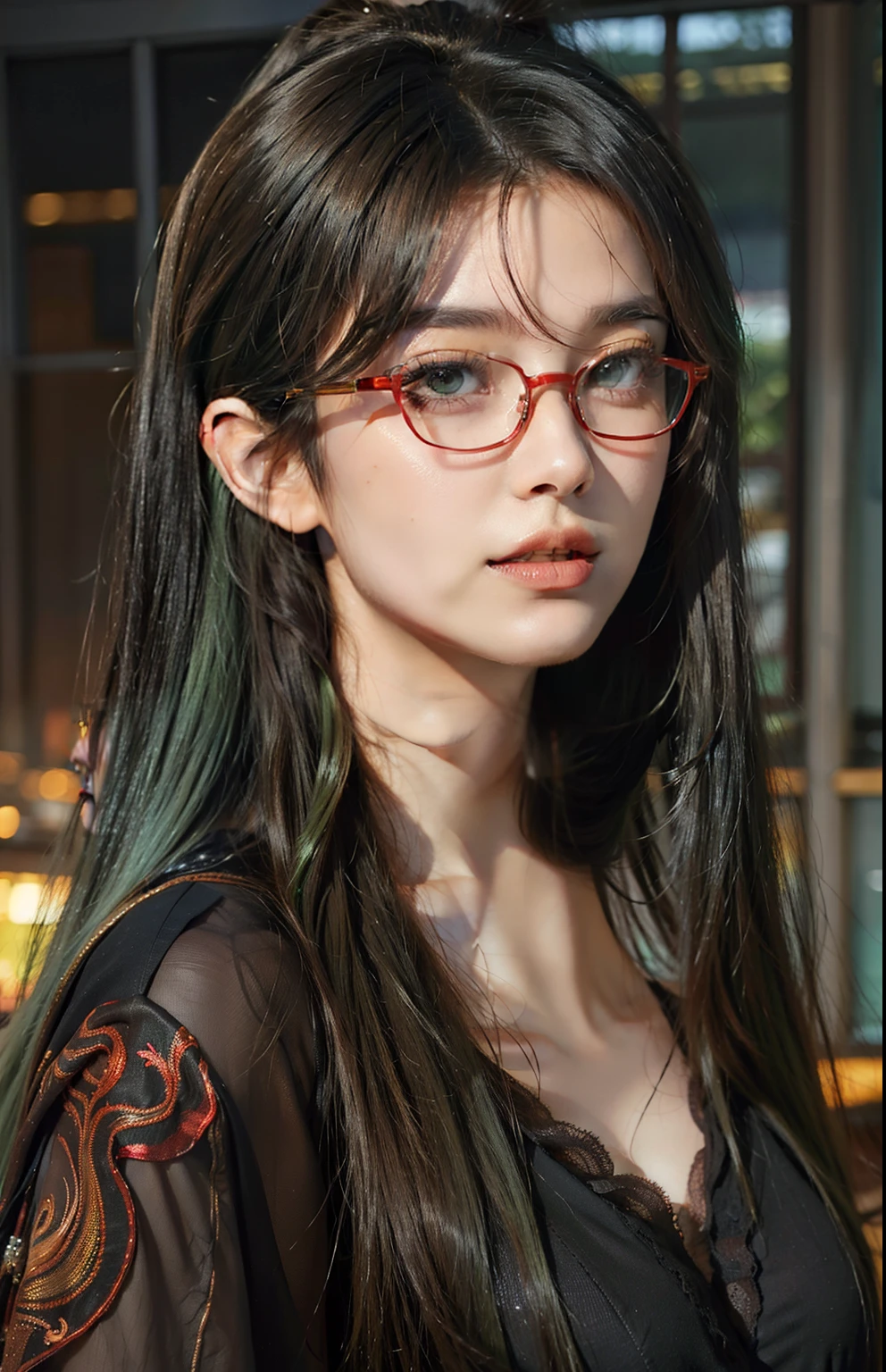 long hair、Arafad woman in black robe posing for photo, guweiz style artwork, 8k portrait rendering, beautiful portrait, Smooth CG art, Realistic girl rendering, Stunning facial portraits, Detailed portrait of the girl, 8K Artgerm bokeh, Soft portrait shot 8k，Long ponytail hairstyle，green hair and gray hair, Good-looking hair accessories, light green eyes，big eyes，Wearing red glasses，half rim glasses，Blurred background，Smile