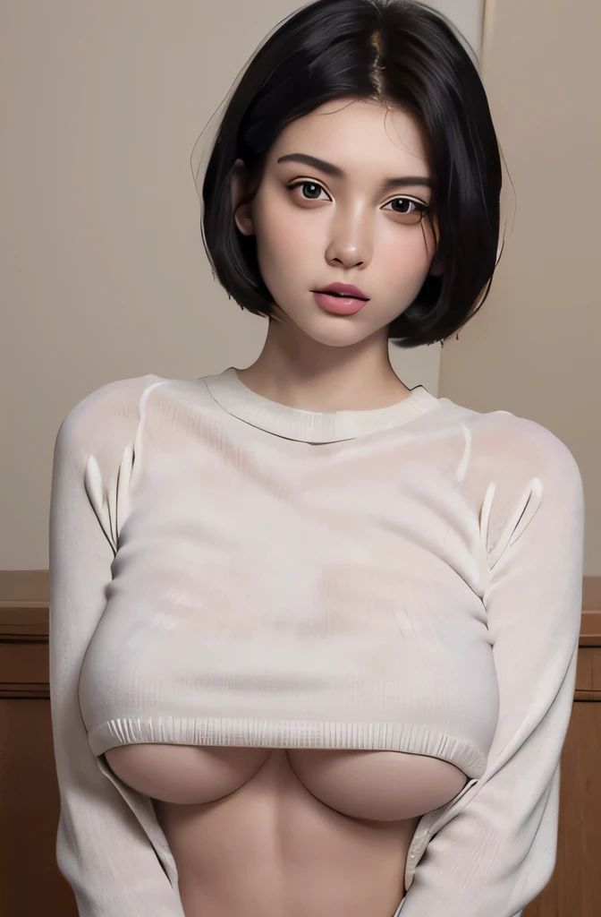 (very soft breasts), (noticeable large areola,:1.3), (masterpiece:1.3), (8k, realistic, Raw photo, highest quality:1.4), (1 girl), beautiful face, (realistic face), (black hair, short hair:1.3), beautiful hairstyle, realistic eyes, fine and beautiful eyes, (realistic skin), beautiful skin, (sweater), 超realistic, fascinating, ultra high resolution, hyperrealistic, very detailed, golden ratio