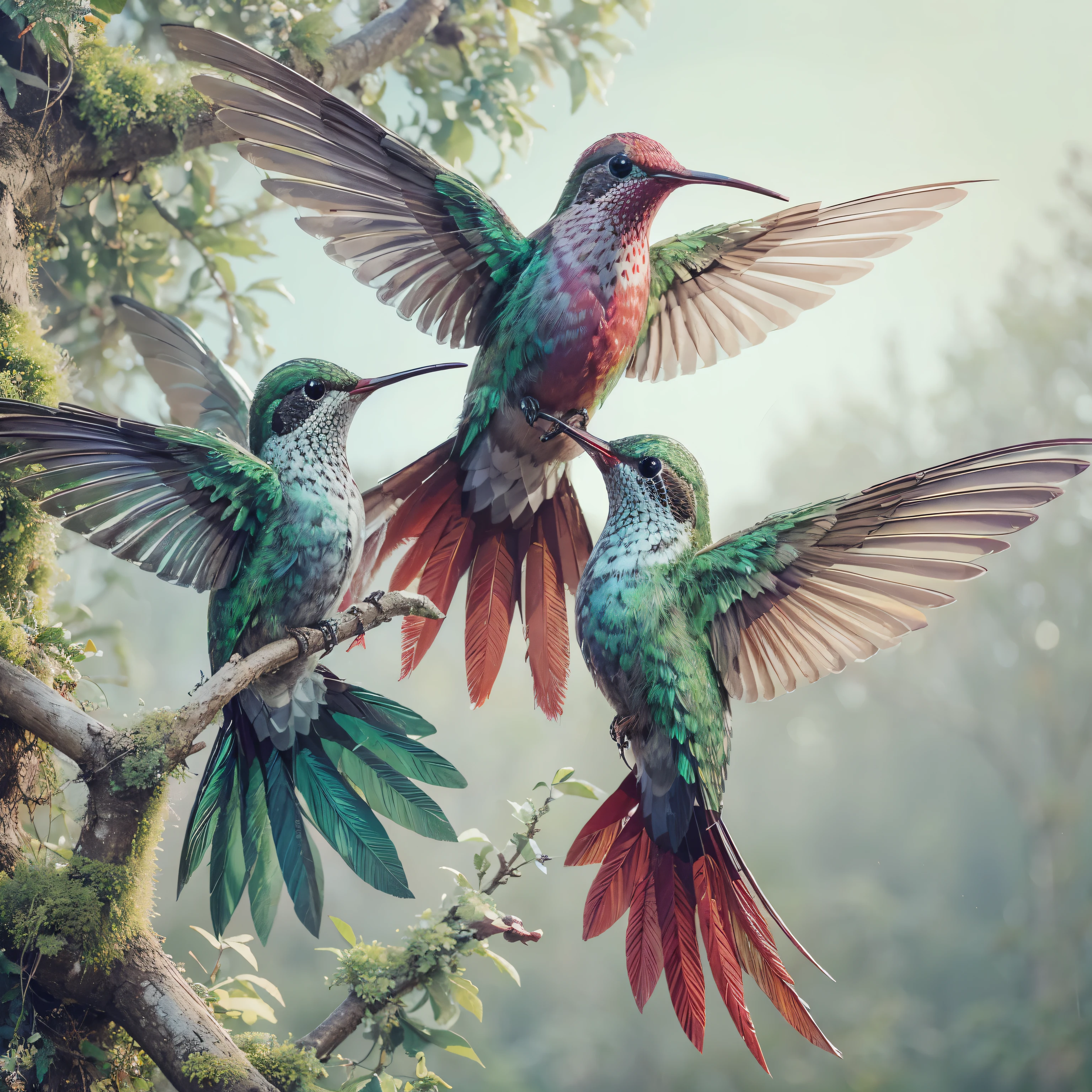 Create a realistic image of three hummingbirds of different colors on a treetop with intricate details. stocked details, ultra-realistic, intricate, cinematic, sharp focus, very detailed