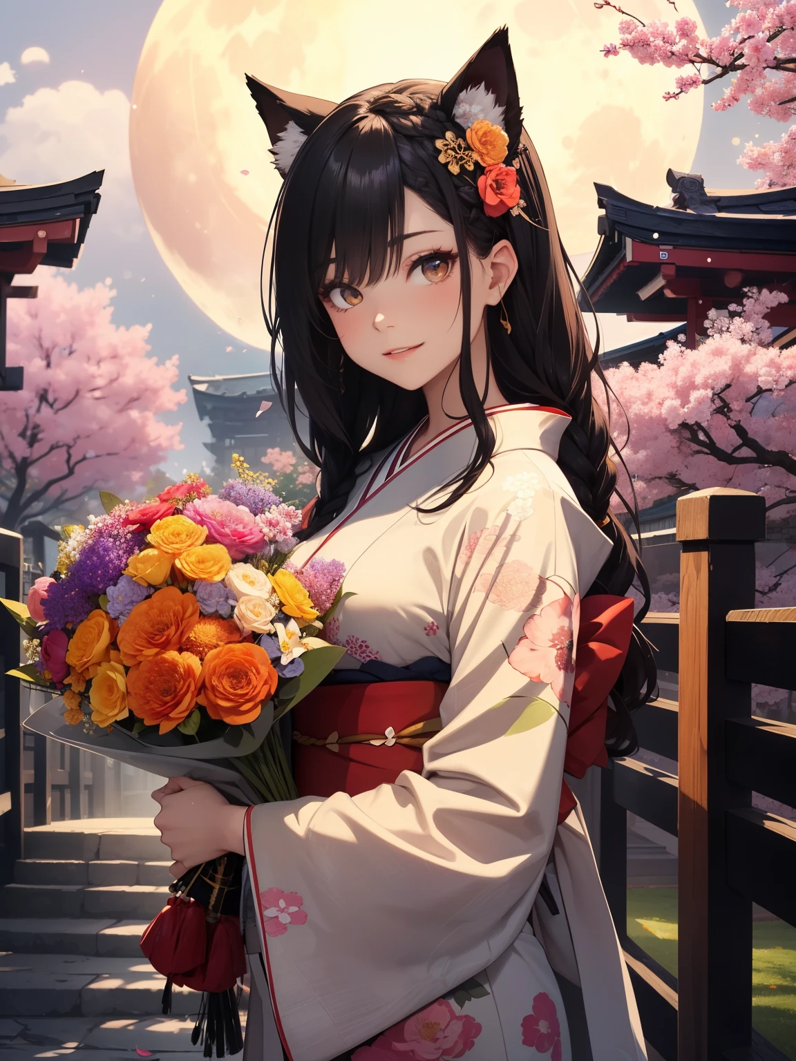 (best quality, 4k, 8k, highres, masterpiece:1.2)
1girl
ultra-detailed
detailed face
detailed lips and eyes
expressive face
realistic
BREAK
KETTO beautiful caucasian woman with long straight black hair
(golden orange eyes)
fair skin
expressive face
attractive appearance
animal ear fluff
animal ears
bangs
blush
extra ears
fox ears
fox girl
3 fox tails
hair between eyes
medium large breasts
long hair
BREAK
(dojikko_pose, hands together:1.2)
(young woman, kimono:1.8)
(long hair, french braid:1.5)
smile
big smile
(20 years old)
((black kimono) with sakura flower print)
(red obi with gold ornaments)
(sakura flowers hair ornament:1.4)
BREAK
Masterpiece background
beautiful background
sense of depth
depth of field
midnight
(full moon:1.5)
a graceful woman in traditional Japanese attire
standing in a picturesque garden.
The setting includes cherry blossoms in full bloom
a tranquil koi pond with a small bridge
ancient stone lanterns
and a backdrop of a majestic
ancient Japanese temple
creating a breathtaking
culturally rich scene.
festive environment
BREAK
((A very happy young woman holds a (((large flower bouquet))) in her hands))
BREAK
composition looking subject slightly from above
(cowboy shot)
blushing
glossy lips
open mouth
natural makeup
long eyelashes
central image
high detail
detailed hairstyle
spectacular cinematic lighting
octane rendering
vibrant
hyper realistic
perfect limbs
perfect anatomy
translucent