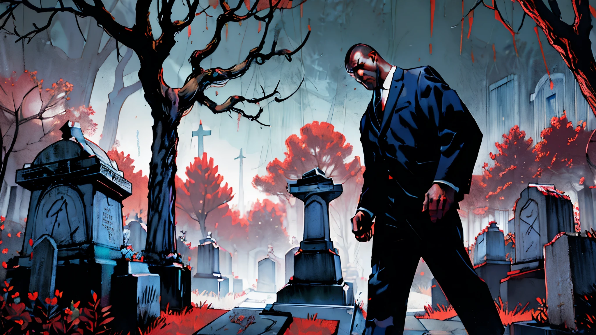 Cemetery security guard walking scared and panicked through a gloomy cemetery full of macabre trees and ancient tombs on a dense, heavy night