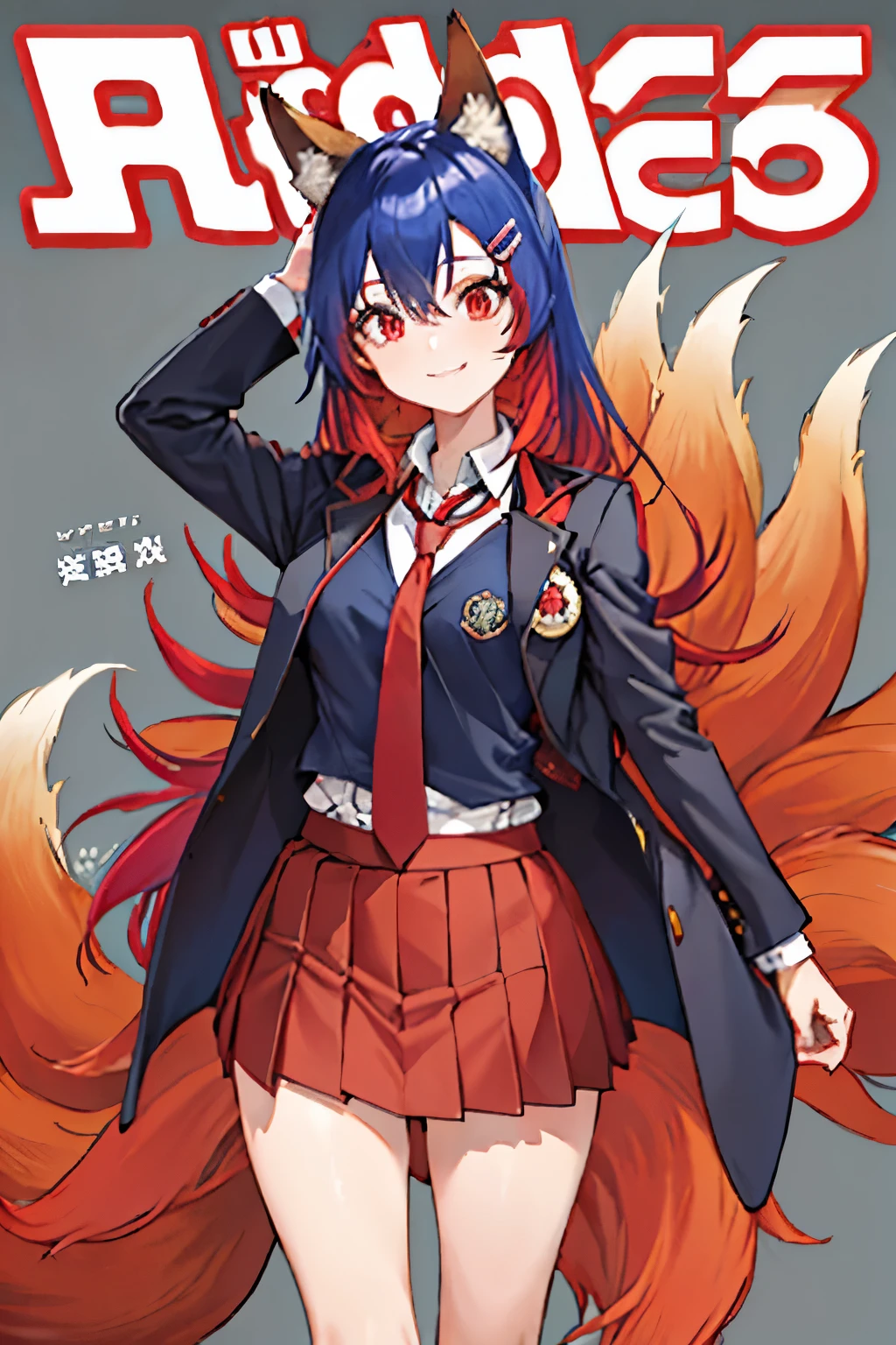 Firefox-Skollie, red eyes, fox girl, multiple tails, multicolored hair, 1girl, hairclip, solo, light smile, small breasts, looking at viewer, 
school uniform, pleated skirt, necktie, open jacket, magazine cover, simple background, 
(masterpiece:1.1), (best quality:1.1), (ultra-detailed:1.1), (illustration:1.1),