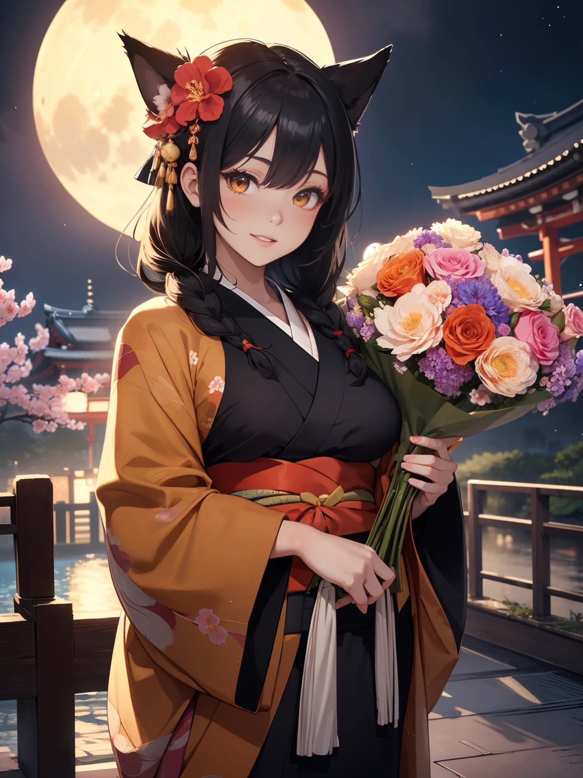(best quality, 4k, 8k, highres, masterpiece:1.2)
1girl
ultra-detailed
detailed face
detailed lips and eyes
expressive face
realistic
BREAK
KETTO beautiful caucasian woman with long straight black hair
(golden orange eyes)
fair skin
expressive face
attractive appearance
animal ear fluff
animal ears
bangs
blush
extra ears
fox ears
fox girl
3 fox tails
hair between eyes
medium large breasts
long hair
BREAK
(dojikko_pose, hands together:1.2)
(young woman, kimono:1.8)
(long hair, french braid:1.5)
smile
big smile
(20 years old)
((black kimono) with sakura flower print)
(red obi with gold ornaments)
(sakura flowers hair ornament:1.4)
BREAK
Masterpiece background
beautiful background
sense of depth
depth of field
midnight
(full moon:1.5)
a graceful woman in traditional Japanese attire
standing in a picturesque garden.
The setting includes cherry blossoms in full bloom
a tranquil koi pond with a small bridge
ancient stone lanterns
and a backdrop of a majestic
ancient Japanese temple
creating a breathtaking
culturally rich scene.
festive environment
BREAK
((A very happy young woman holds a (((large flower bouquet))) in her hands))
BREAK
composition looking subject slightly from above
(cowboy shot)
blushing
glossy lips
open mouth
natural makeup
long eyelashes
central image
high detail
detailed hairstyle
spectacular cinematic lighting
octane rendering
vibrant
hyper realistic
perfect limbs
perfect ???????
translucent