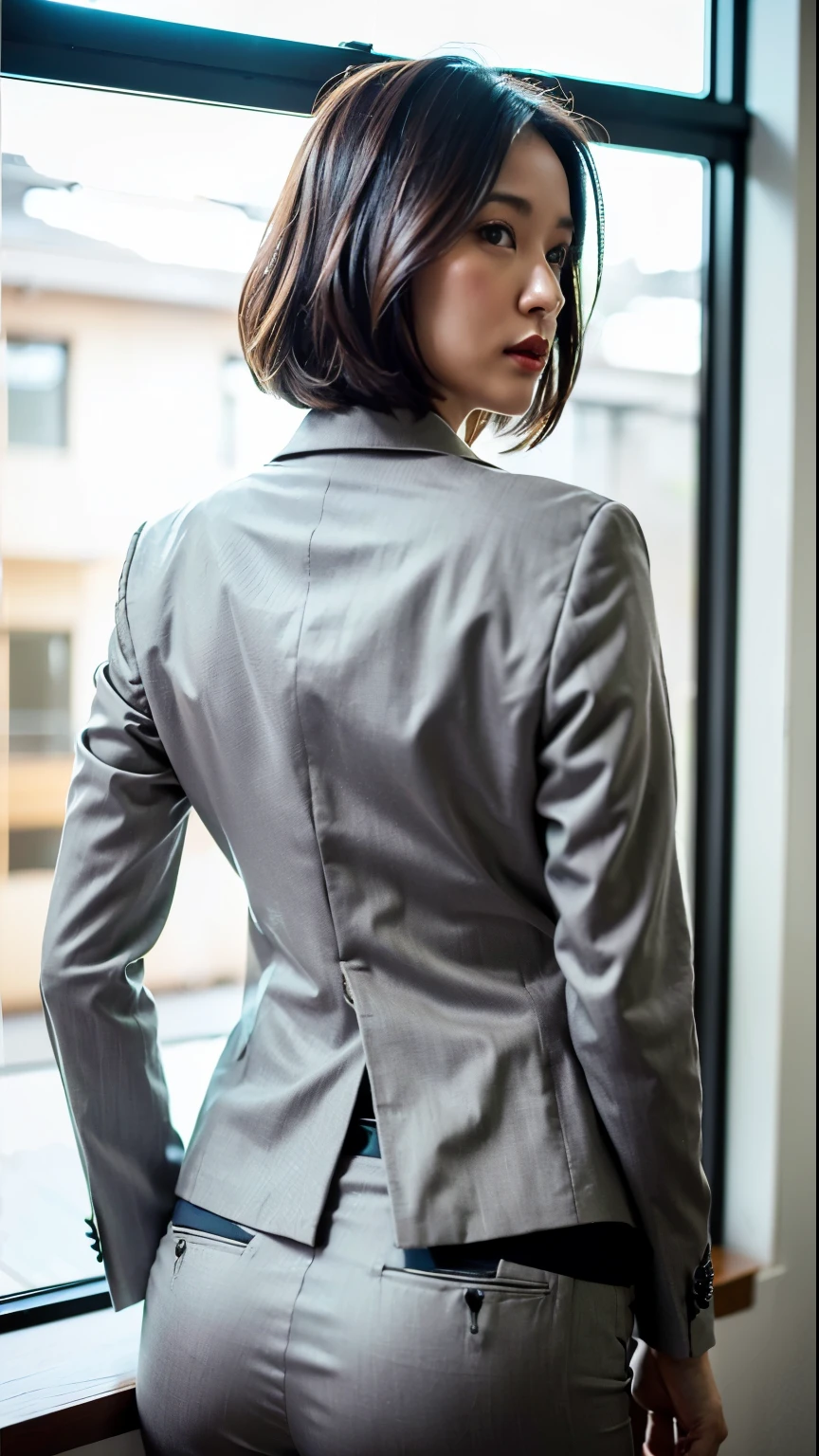 (Best quality, 8k, 32k, Masterpiece, UHD:1.2), 1girl, beautiy Japanese woman, narrow waist, grey suit, open jacket, office lady, suit, pants, from behind, office room, desk, (stick out one's buttocks:1.2), detailed face, short hair,
