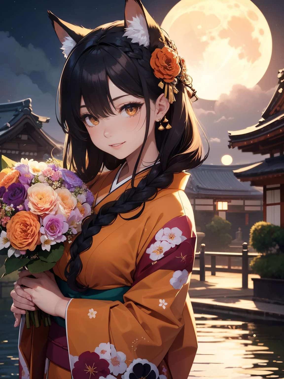 (best quality, 4k, 8k, highres, masterpiece:1.2)
1girl
ultra-detailed
detailed face
detailed lips and eyes
expressive face
realistic
BREAK
KETTO beautiful caucasian woman with long straight black hair
(golden orange eyes)
fair skin
expressive face
attractive appearance
animal ear fluff
animal ears
bangs
blush
extra ears
fox ears
fox girl
3 fox tails
hair between eyes
medium large breasts
long hair
BREAK
(dojikko_pose, hands together:1.2)
(young woman, kimono:1.8)
(long hair, french braid:1.5)
smile
big smile
(20 years old)
((black kimono) with sakura flower print)
(red obi with gold ornaments)
(sakura flowers hair ornament:1.4)
BREAK
Masterpiece background
beautiful background
sense of depth
depth of field
midnight
(full moon:1.5)
a graceful woman in traditional Japanese attire
standing in a picturesque garden.
The setting includes cherry blossoms in full bloom
a tranquil koi pond with a small bridge
ancient stone lanterns
and a backdrop of a majestic
ancient Japanese temple
creating a breathtaking
culturally rich scene.
festive environment
BREAK
((A very happy young woman holds a (((large flower bouquet))) in her hands))
BREAK
composition looking subject slightly from above
(cowboy shot)
blushing
glossy lips
open mouth
natural makeup
long eyelashes
central image
high detail
detailed hairstyle
spectacular cinematic lighting
octane rendering
vibrant
hyper realistic
perfect limbs
perfect anatomy
translucent
