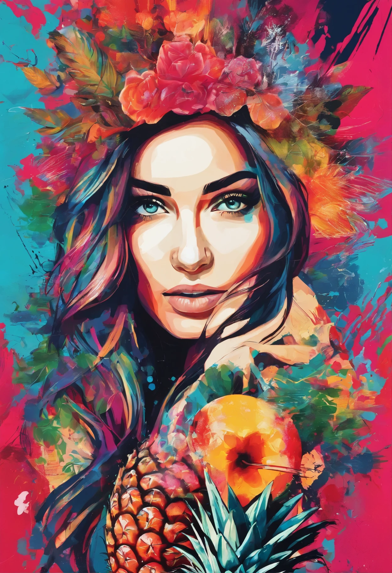 "close up, portrait of a young woman, hyper realistic, detailed face, The image should draw inspiration from the freshness of pineapple, the vitality of Vodka, the richness of raspberry, and the spritz of apple." set against a dynamic and colourful backdrop. The background should be abstract and vibrant, colours of Red Velvet, incorporating various shapes and patterns to create an artistic atmosphere."