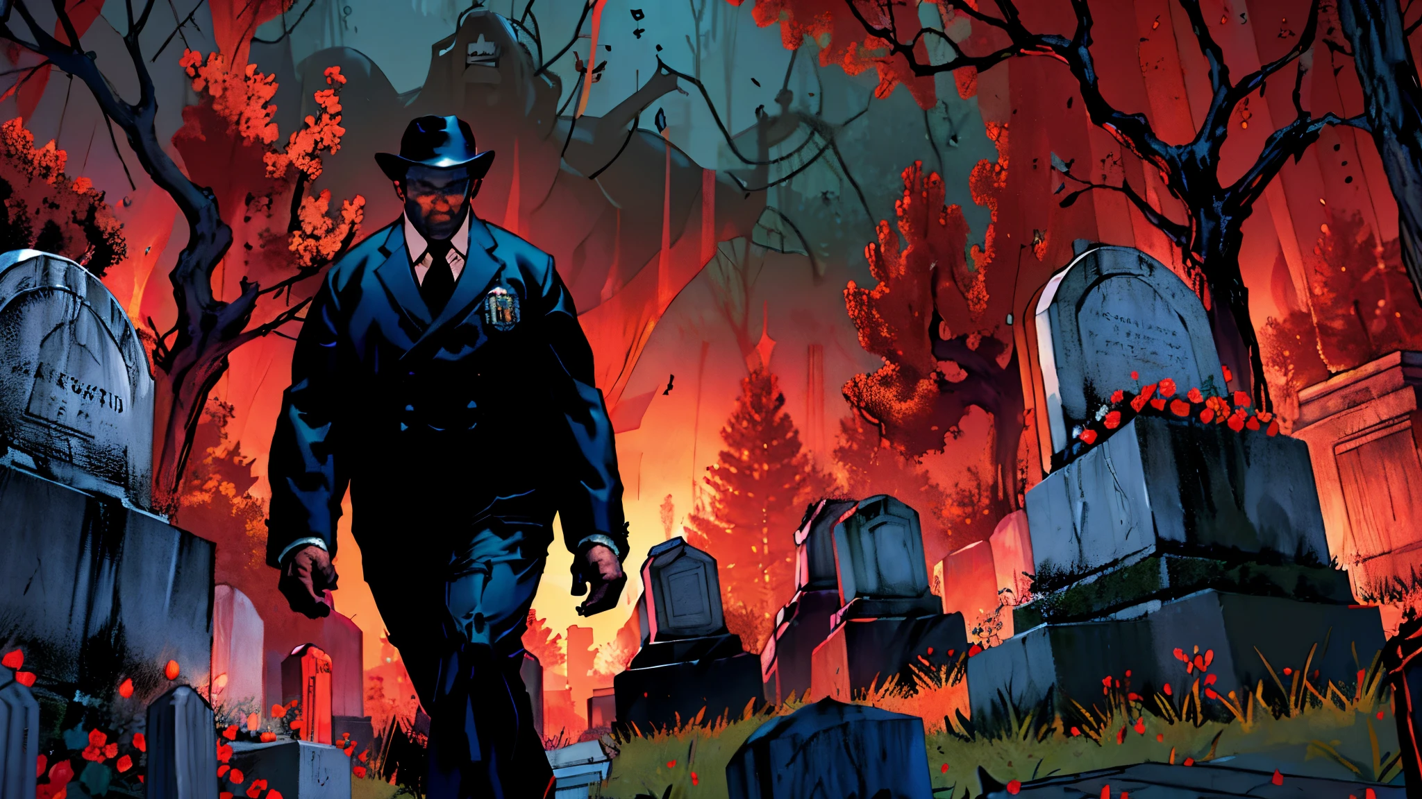 Cemetery security guard walking scared and panicked through a gloomy cemetery full of macabre trees and ancient tombs on a dense, heavy night