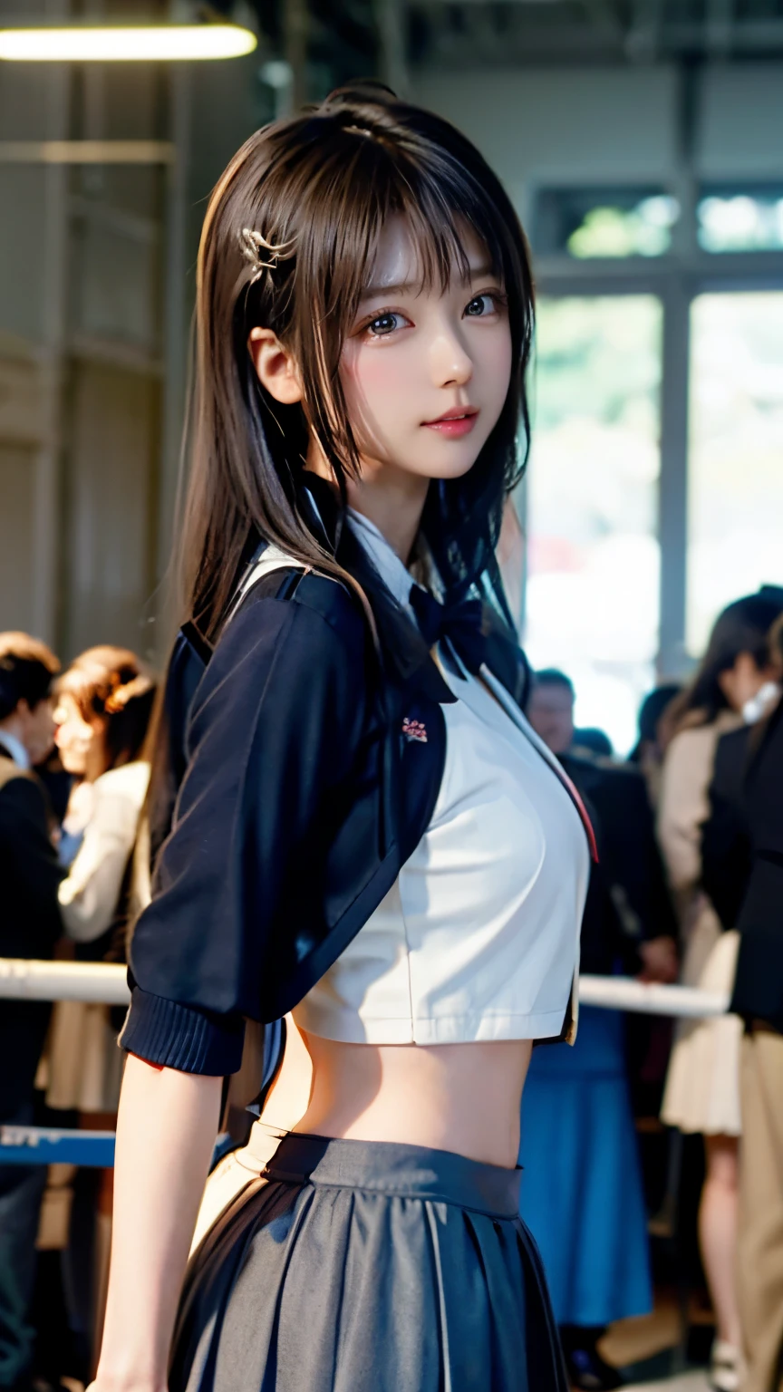 Garota de 18 anos afro-americana determinada em(a sexy Japanese school uniform:1.2), sozinho, seios grandes, Sagging Tits, ((blusa rasgada uniforme escolar:1.2)), mini saia xadrez, standing on a windswept rooftop during sunset, com vista para uma paisagem urbana, capturando um momento de empoderamento e desafio, with a dynamic pose and intricate details, Arremesso longo