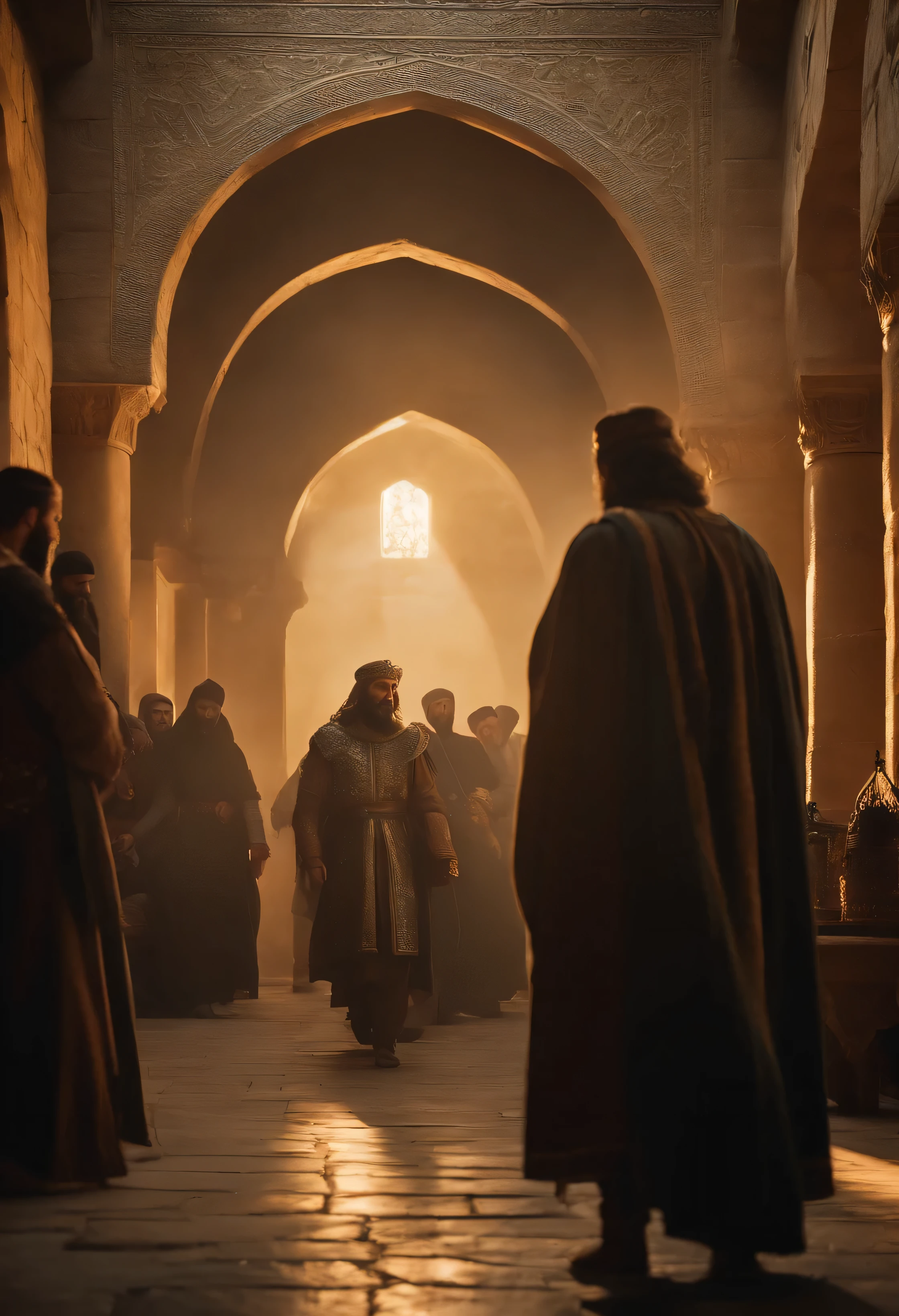 Generate an image illustrating the moment when Saladin grants amnesty to Christians in Jerusalem after his conquest, emphasizing his wisdom and mercy.
