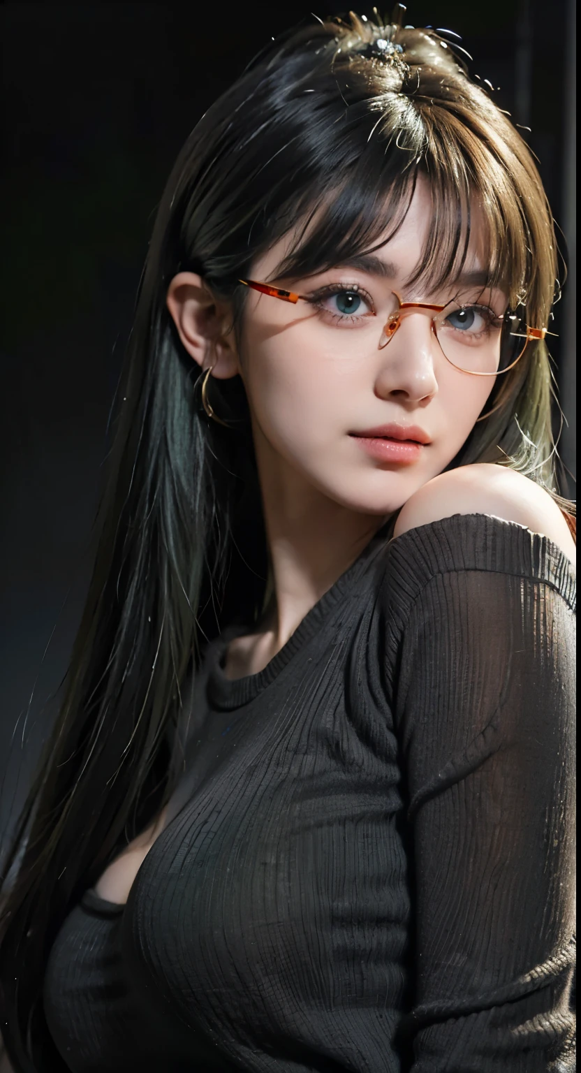long hair、Arafad woman in black top posing for photo, Soft portrait shot 8k, long hair双眸, actual. Cheng Yi, Most models | artistic germ, 8k portrait rendering, photoactual!!!!!!! Art style, Urzan, [ actual photography ], [ 4K realism ]!!Long ponytail hairstyle，green hair and gray hair, green braid，Good-looking hair accessories, light green eyes，big eyes，Wearing red glasses，half rim glasses，Smile