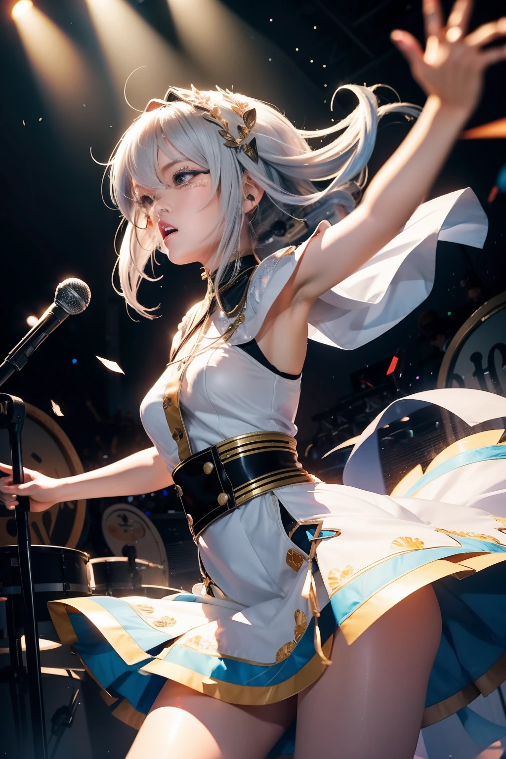 This illustration features a silver-haired girl with medium-length hair playing the drums on stage. She confidently swings the drumsticks, surrendering herself to the music. Her silver hair dances lightly as she exudes a vibrant and energetic presence while performing. The stage lighting illuminates her, and the cheers of the audience echo in the background. The illustration captures the magical moment when music fills the air through her drumming. Her passion and talent shine through the entire artwork, captivating the hearts of those who behold it.