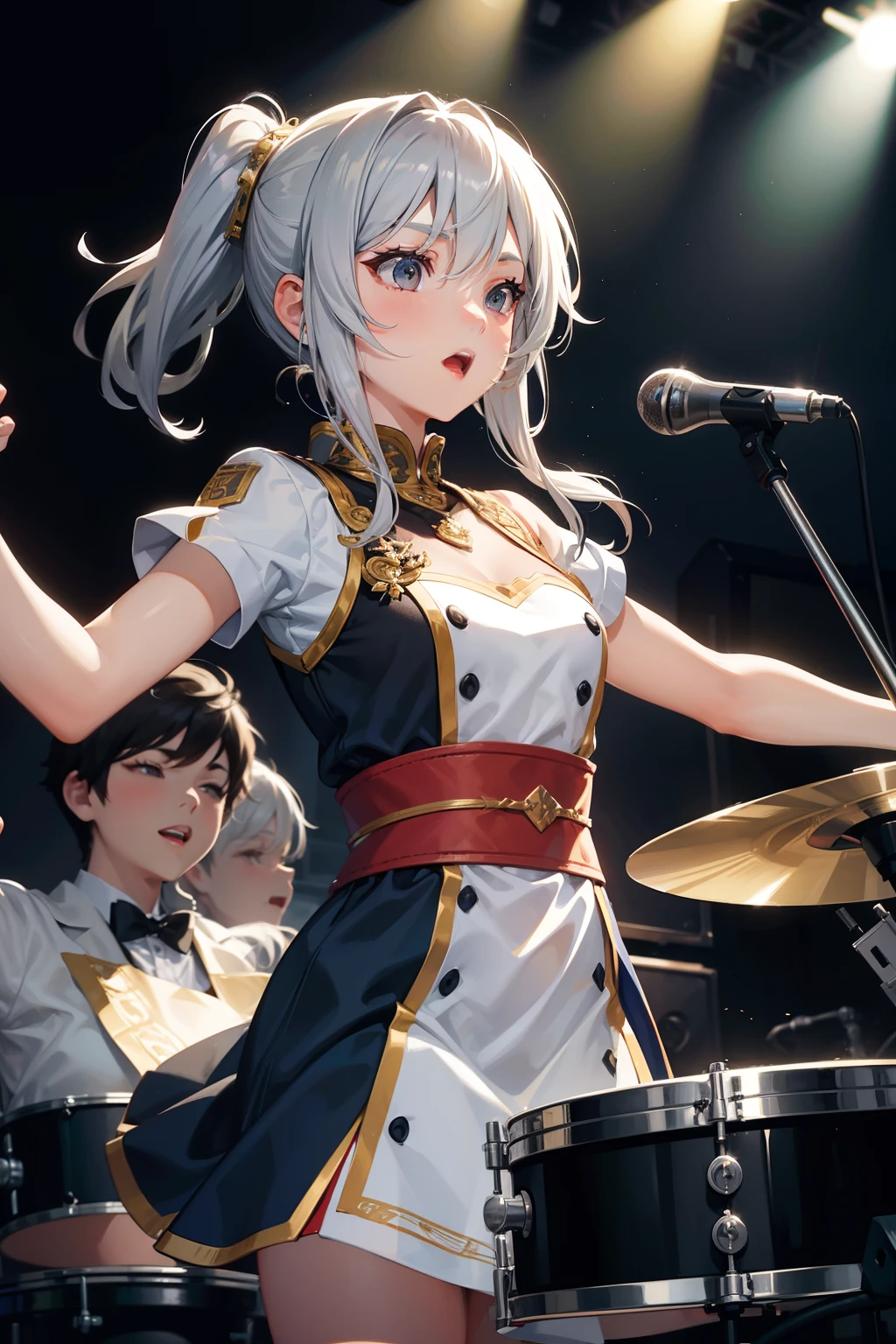 This illustration features a silver-haired girl with medium-length hair playing the drums on stage. She confidently swings the drumsticks, surrendering herself to the music. Her silver hair dances lightly as she exudes a vibrant and energetic presence while performing. The stage lighting illuminates her, and the cheers of the audience echo in the background. The illustration captures the magical moment when music fills the air through her drumming. Her passion and talent shine through the entire artwork, captivating the hearts of those who behold it.