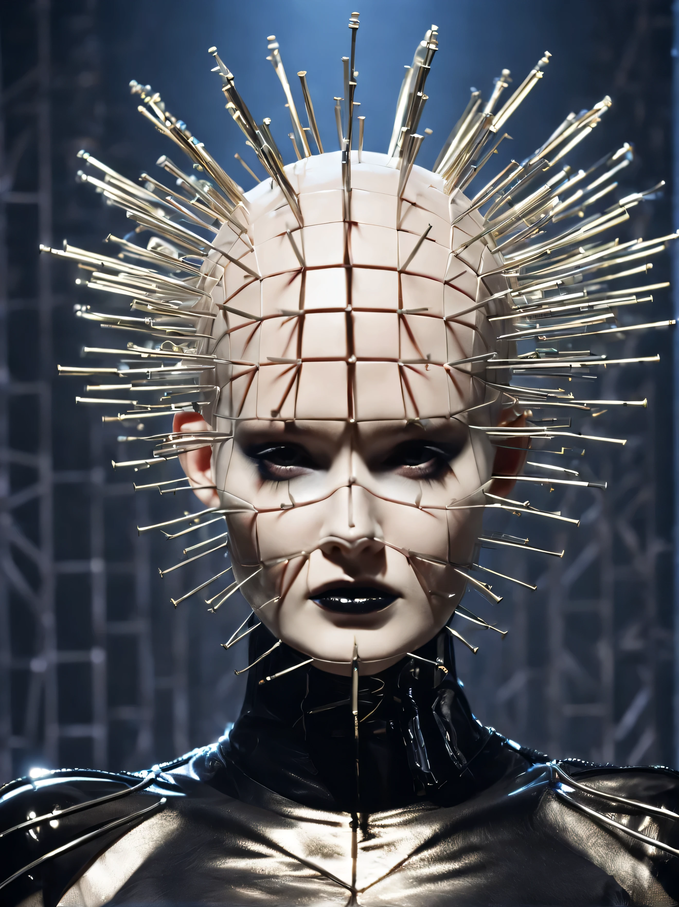 Pinhead, 1woman, avant-garde spiked couture, fashion runway, geometric metal structures, sinister flickering light,hyperrealistic,fashion runway scene, with Pinhead as the central figure, wearing avant-garde, spiked couture, surrounded by models in similarly themed attire, against a backdrop of massive, interlocking geometric metal structures, under a sinister, flickering light, high saturation