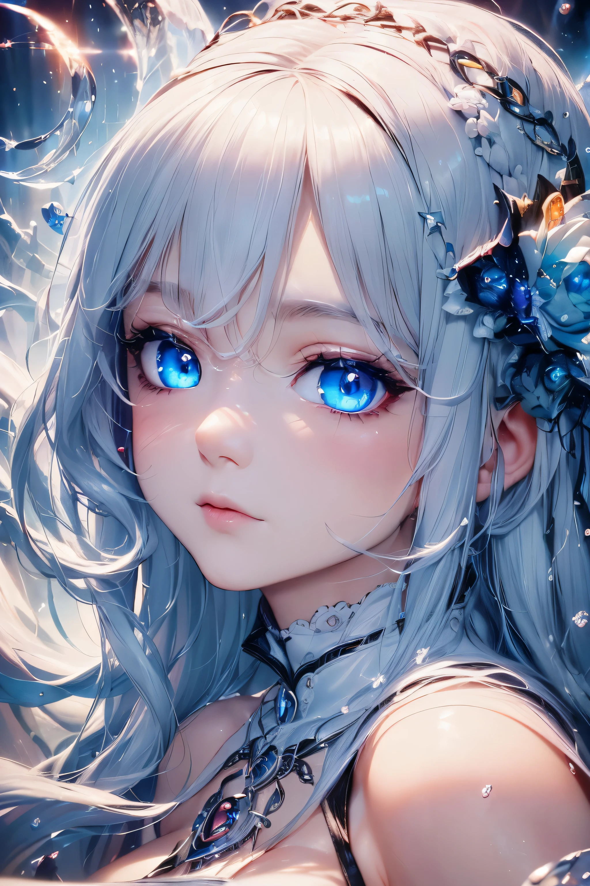 4K quality:1.2,1 girl,sense of depth,confused,catch light,Super beautiful illustration,((white,long hairstyles:1.3)),dark dark eyeshadow,(((4k,super beautiful,In detail,blue eyes))),bright red lipstick,Gothic ta,;D,beautiful and delicate hair