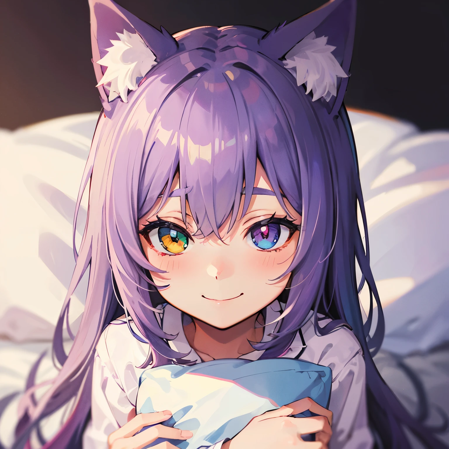 close-up portrait of ((solo catgirl)) hugging a pillow, light violet hair, nekomimi, simple plain background, innocent smile, pajamas, masterpiece, heterochromia, polychromia