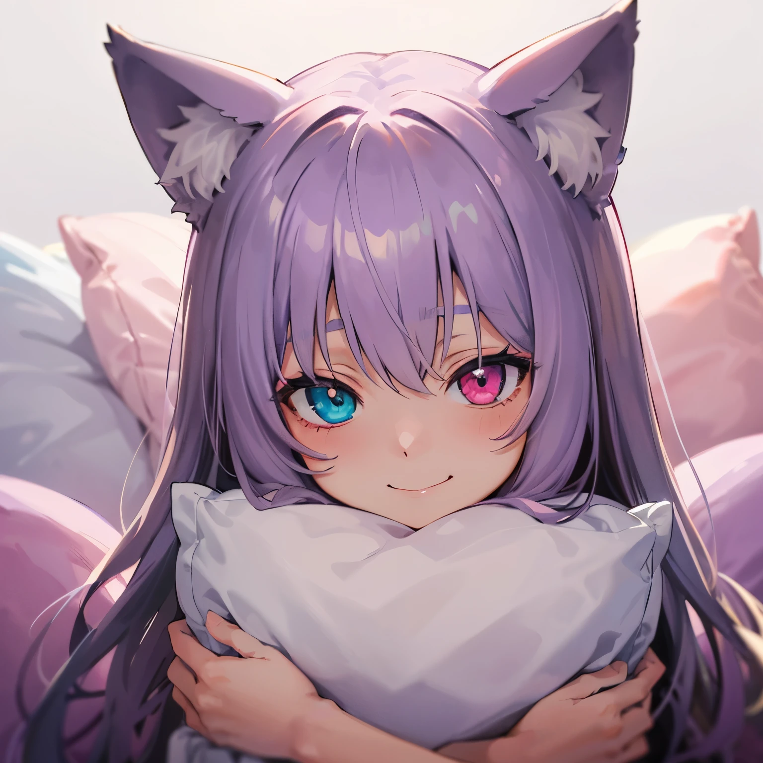 close-up portrait of ((solo catgirl)) hugging a pillow, light violet hair, nekomimi, simple plain background, innocent smile, pajamas, masterpiece, heterochromia, polychromia