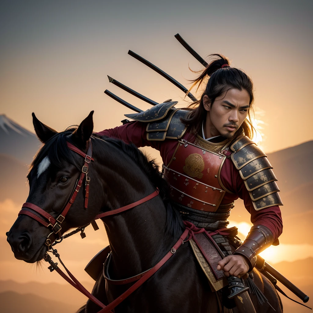 (best quality,4k,8k,highres,masterpiece:1.2),ultra-detailed,realistic,physically-based rendering,professional,sharp focus,historical Samurai,traditional Japanese armor,samurai sword,detailed facial features,exquisite katana,meticulous armor craftsmanship,dramatic lighting,poised and focused stance,confident and determined expression,vivid colors,stylized brush strokes,portraits,samurai spirit,traditional Japanese landscape, blossoming cherry trees,sunrise over Mount Fuji, tranquil garden,falling sakura petals,serene meditation,ancient samurai traditions,honor and discipline,ultimate warrior,loyal and strong-willed,graceful movement,calm and composed demeanor,blood-stained battlefield,fierce battles,warrior's code,bushido,unwavering resolve,undying loyalty to the Lord,zen-like tranquility,spiritual connection with nature,strong silhouette against a fiery sunset,swirling mist and fog surrounding the samurai,steely gaze piercing through the darkness,legendary samurai warrior