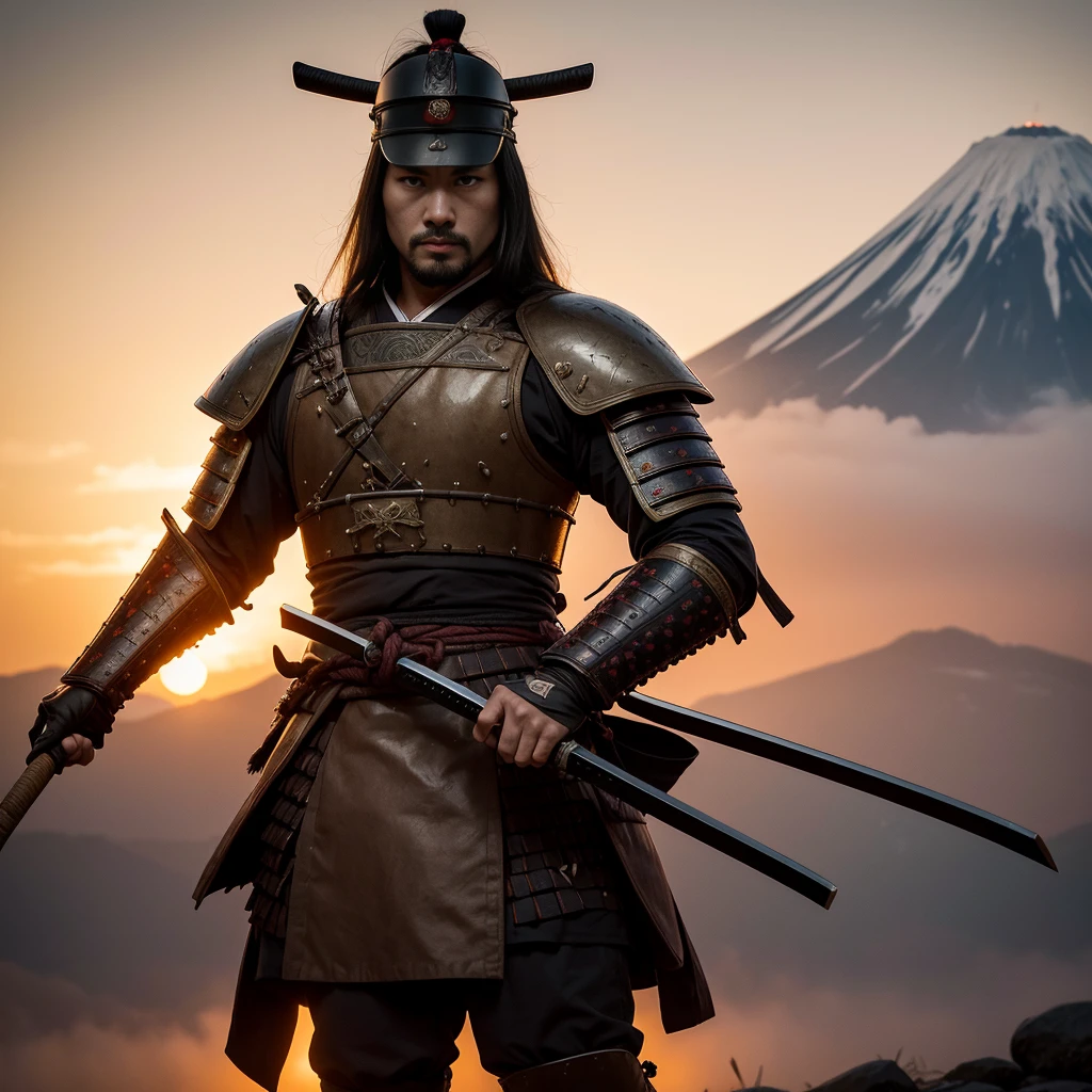 (best quality,4k,8k,highres,masterpiece:1.2),ultra-detailed,realistic,physically-based rendering,professional,sharp focus,historical Samurai,traditional Japanese armor,samurai sword,detailed facial features,exquisite katana,meticulous armor craftsmanship,dramatic lighting,poised and focused stance,confident and determined expression,vivid colors,stylized brush strokes,portraits,samurai spirit,traditional Japanese landscape, blossoming cherry trees,sunrise over Mount Fuji, tranquil garden,falling sakura petals,serene meditation,ancient samurai traditions,honor and discipline,ultimate warrior,loyal and strong-willed,graceful movement,calm and composed demeanor,blood-stained battlefield,fierce battles,warrior's code,bushido,unwavering resolve,undying loyalty to the Lord,zen-like tranquility,spiritual connection with nature,strong silhouette against a fiery sunset,swirling mist and fog surrounding the samurai,steely gaze piercing through the darkness,legendary samurai warrior