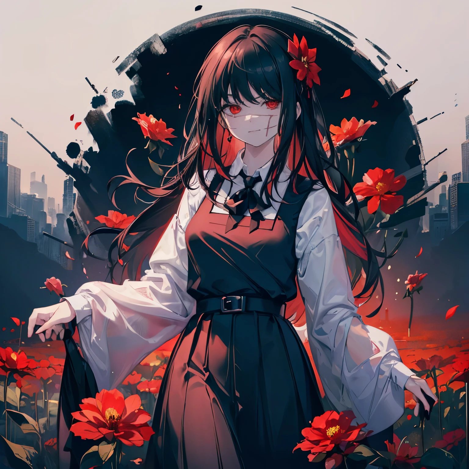 (masterpiece, best quality), yoru, 1girl, long hair, red eyes, scar on face, ringed eyes, pinafore dress, black belt, black ribbon, smile, dark background, red flower, looking at viewer, blood, (wallpaper), (8k hd), black belt, blood drops, (holding red flower:1.2), petals,