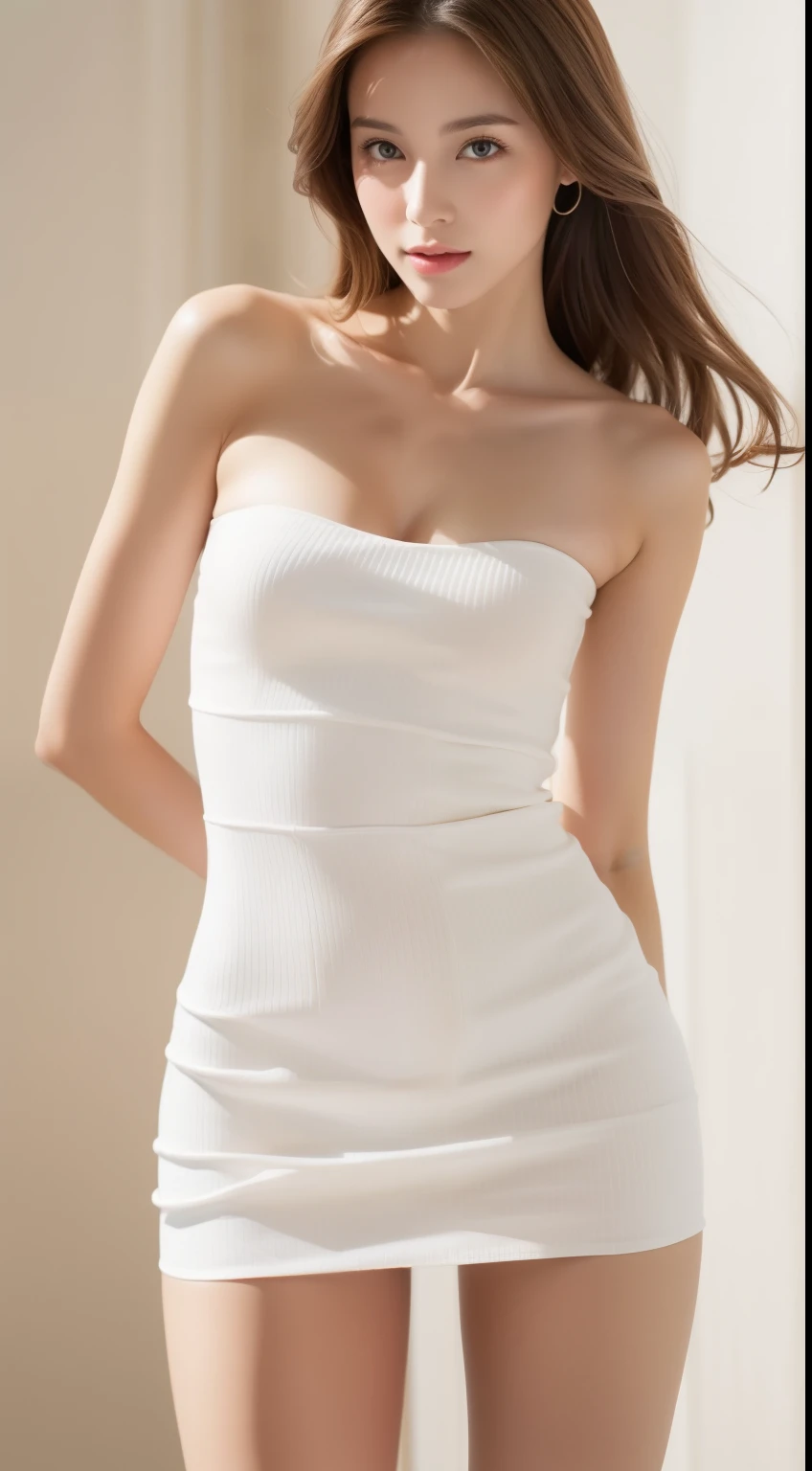 1girl, 175cm,korean model,23 years old,soft body, slender body, ponytail hairstyle ,whole body, hair reaches waist, whole body,((head to leg)),close-up, 8k, RAW photo, best quality, masterpiece,realistic, photo-realistic,seductive,cute , erotic post , extremely detailed bra wrap buttocks tight fitting dress short white skirt , highly detailed, ,lurred background, beautiful, charming, 
 soft behind, full body,   lifting skirt ,ribbon tie