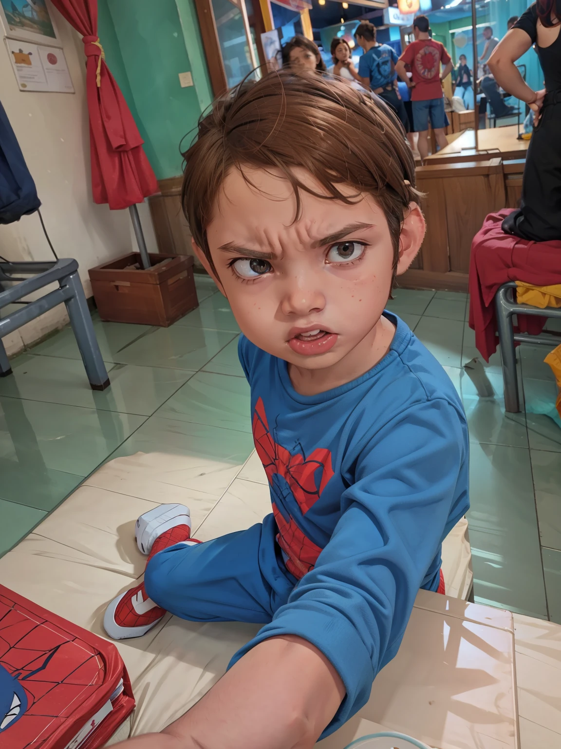 Cinema poster. TME0224 (((a angry ???, 4yo))), sideways, with arms crossed style , wearing a dark blue spider-man-costume. Bad Boy Style . highly detailed, detailed face, realistic, cinematic lighting, studio quality, professional, detailed face, intricate, vivid colors.