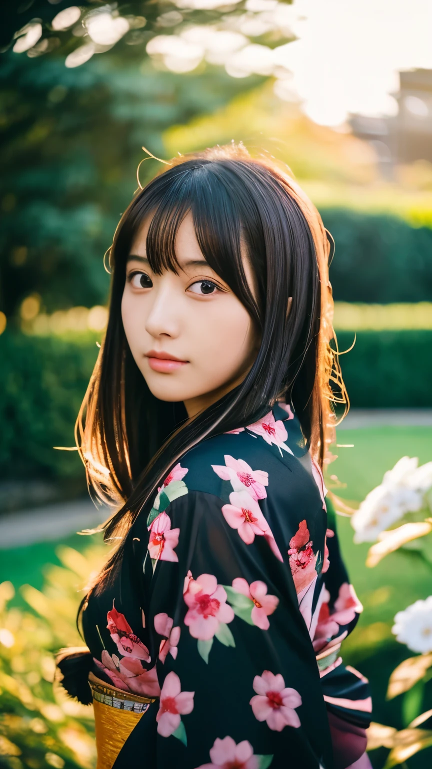 1 Japanese girl，masterpiece， A lock of hair with slight highlights, black eyes, mixed media, Sexy，garden background，Gorgeous kimono , Liquid color flows across her face, sunset，Photographed by Yui Aragaki