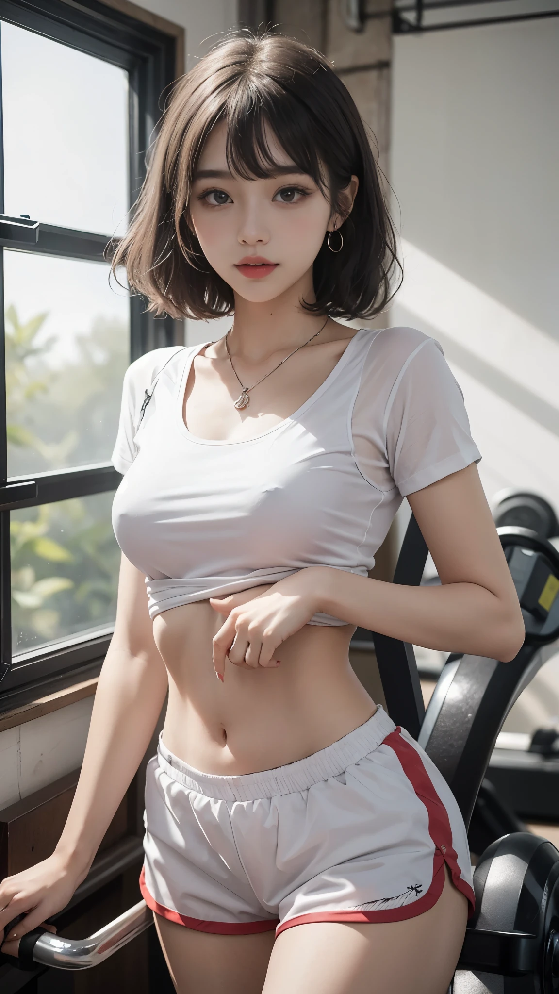 highest image quality, original photo, ultra high definition, gentle smile,  Korean breasts, split, White skin, Fair and shiny skin, short bob, light silver hair, Neatly matched bangs, Short T-shirt, sportswear, running shorts, beautiful eyes, beautiful eyes，random color, lips are very thin, beautiful eyes和细节, elongated eyes, pale pink cheeks, long eyelashes, beautiful double eyelids, eye shadow, beautiful thin legs, beautiful navel, beautiful abs, Beautiful ribs, earrings, necklace, training room, Gym