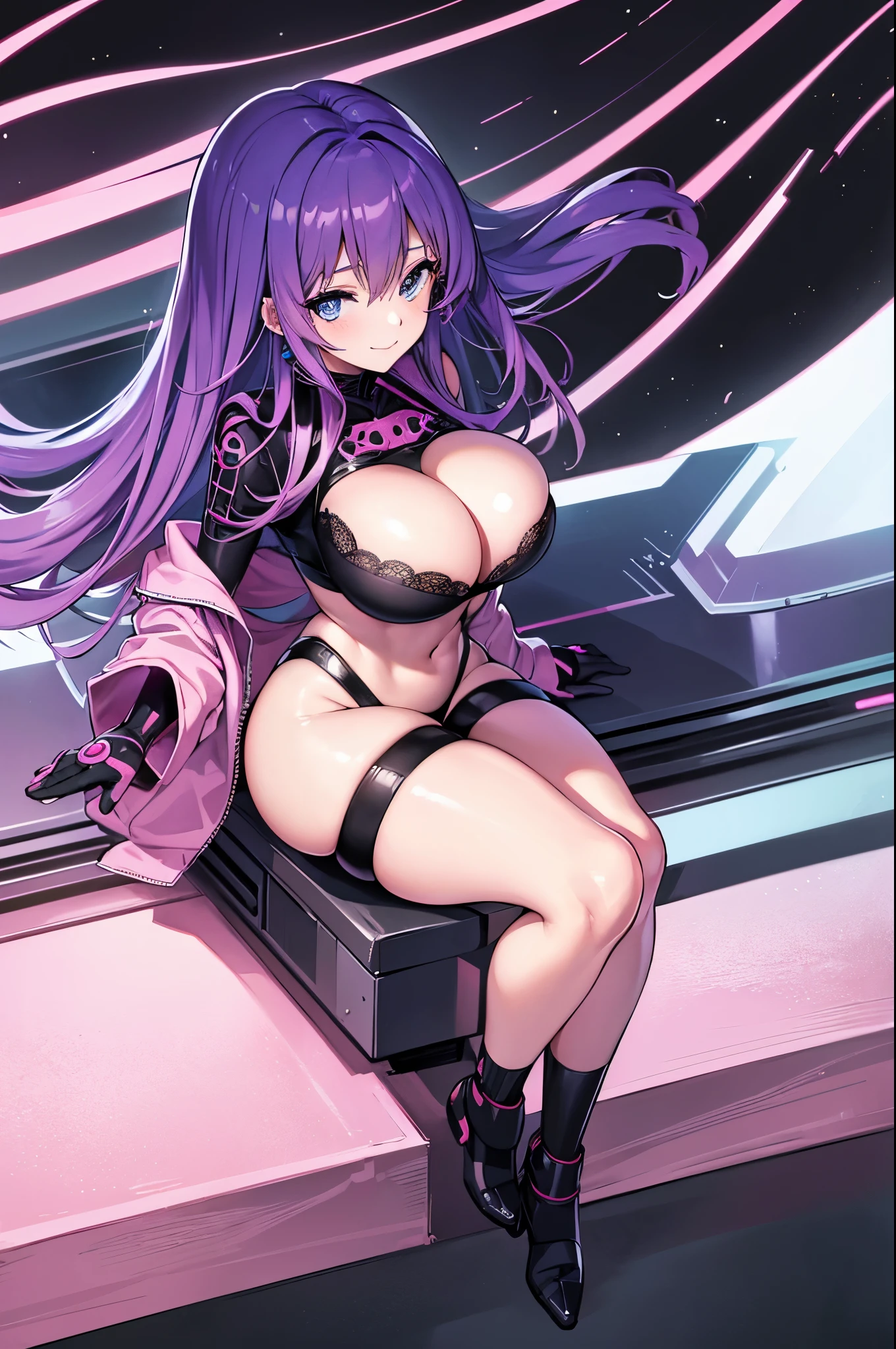 (best quality) an anime picture of a woman ((in a floating pose)) with purple hair and Blue eyes wearing a skin-tight (Cyberpunk suit) that is (((white with pink lace details and black accents))), curvy hourglass figure, realistic shaded perfect body, perfectly shaded body, curvaceous. detailed sultry expression, pinup body, hourglass figure, curvy body, Oppai proportions, heart in eye, seductive smile, crystal earrings, anime style, god rays, super detail, anatomically correct (((full Body)))