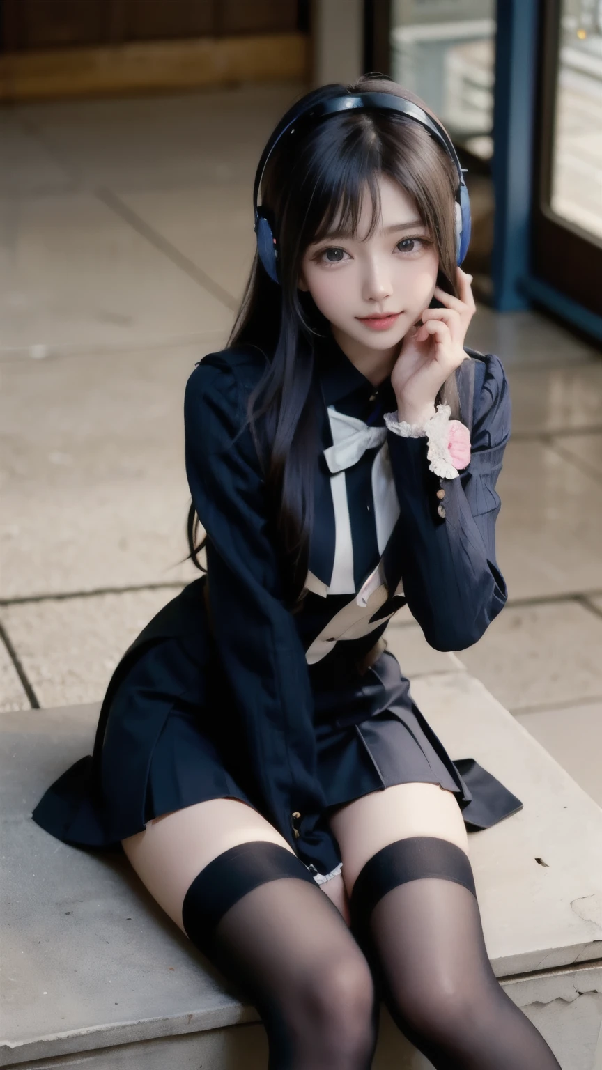 star、Supermodel、perfect shape、Muchimuchi、Three girls are looking at the viewer、girl、、Thighhighs、beautiful feet、、cyber punk、headphone、gentle smile、seen by girls、Innocent face、military uniform lolita