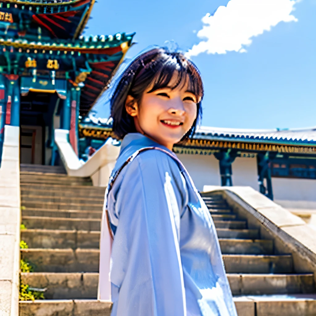 keqingdef, Upper body, Smile, blush, Outdoor activities, sky, simple background, blue sky空, short hair, sky空, temple, looking at the audience, stairs, Mountain, Moody's Lighting, for the audience,