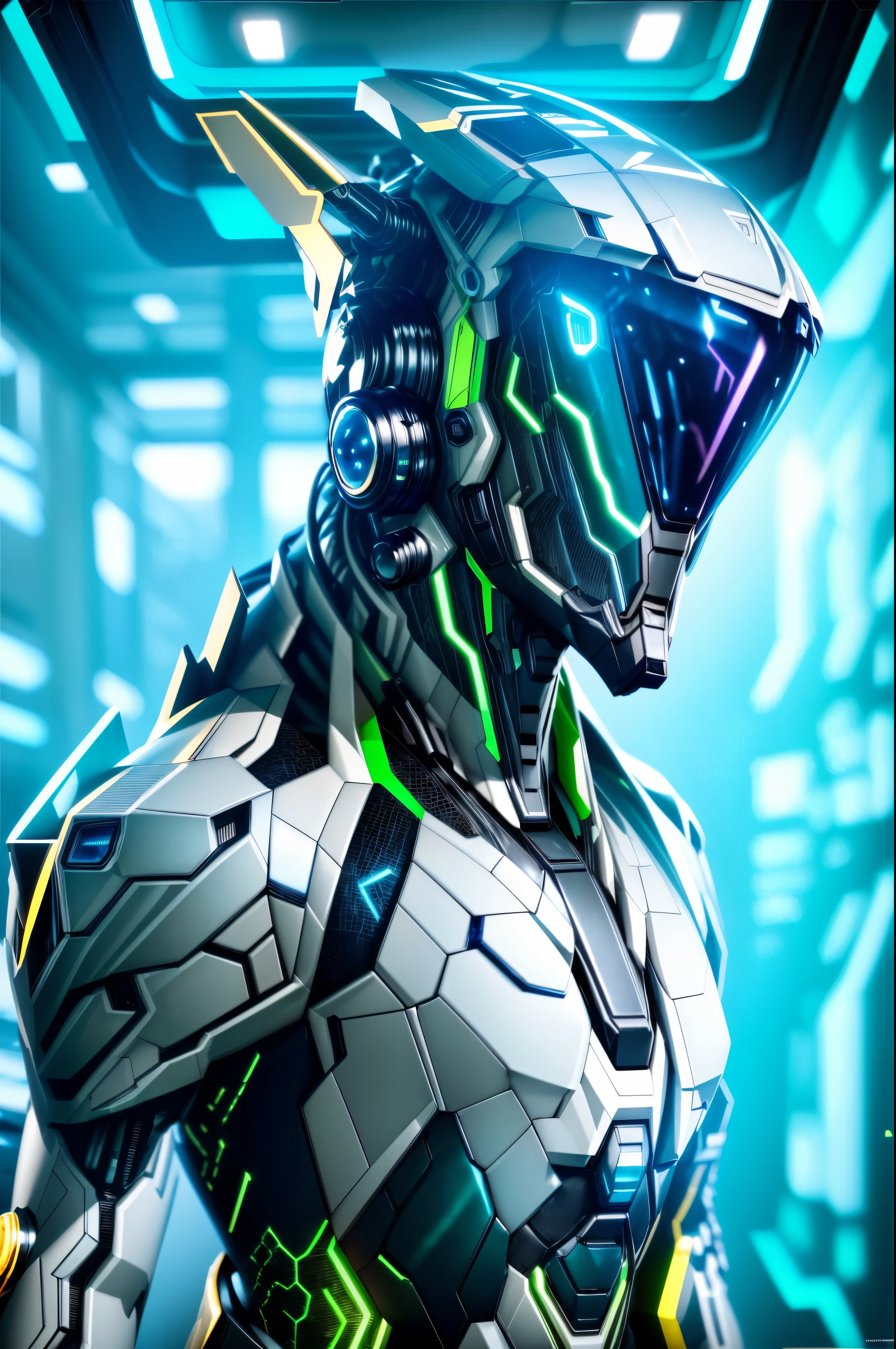 a close up of a robot with glowing eyes and a futuristic suit, neon scales and cyborg tech, cyber suit, intricate glowing mecha armor, ray trace 4k, ray trace 4 k, cybernetic and highly detailed, rendered in nvidia's omniverse, ray tracing on, 3 d render character art 8 k, unreal engine character art, cybersuits