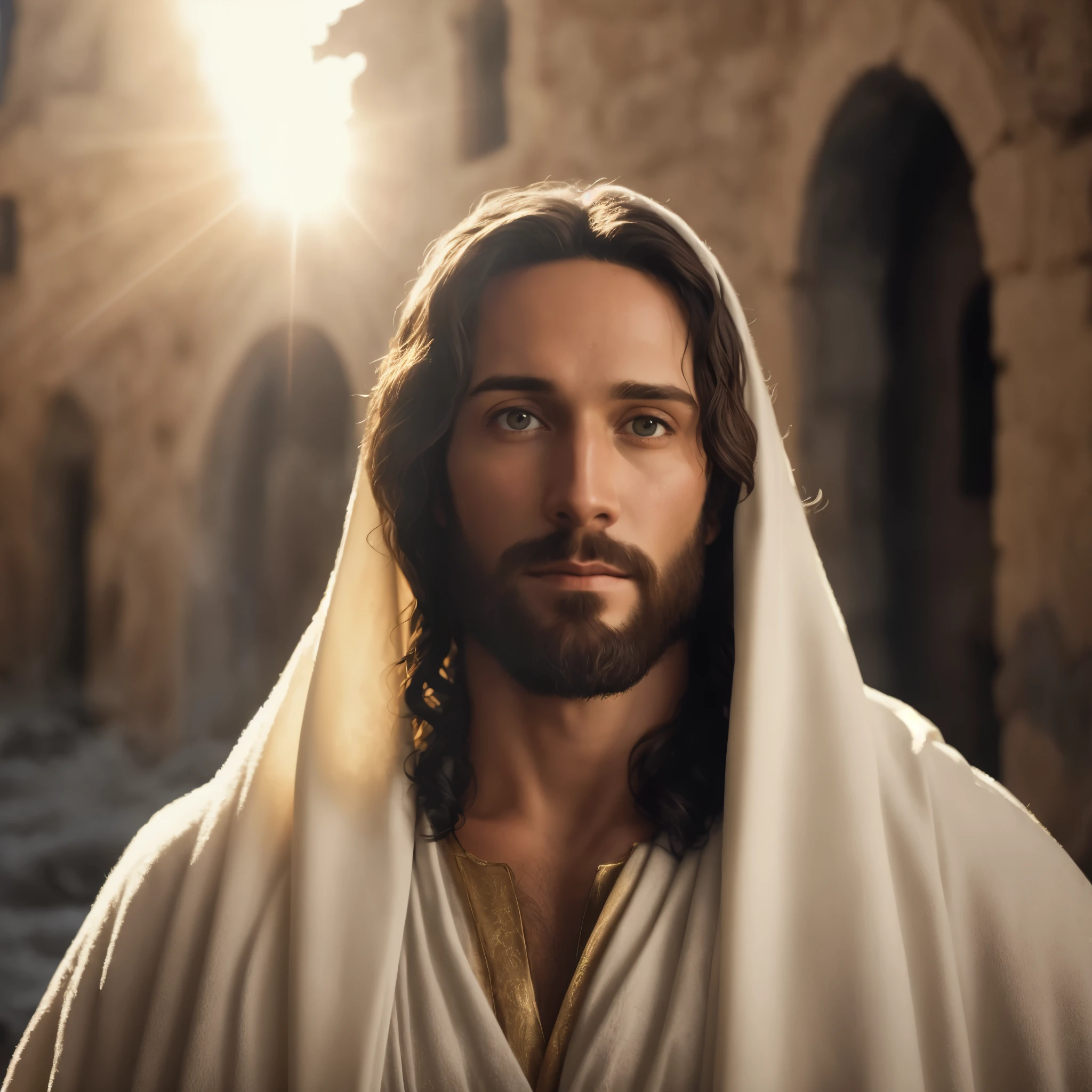 Jesus is standing in a street with a sun shining behind him, Jesus christ, Jesus of nazareth, Greg Olsen, portrait of Jesus christ, dressed like Jesus christ, Jesus face, Jesus, O Senhor e Salvador, Jesus christ in mass effect, he is greeting you warmly, jovem deus todo-poderoso, obra-prima de luz brilhante, tron legacy Jesus christ, gigachad Jesus