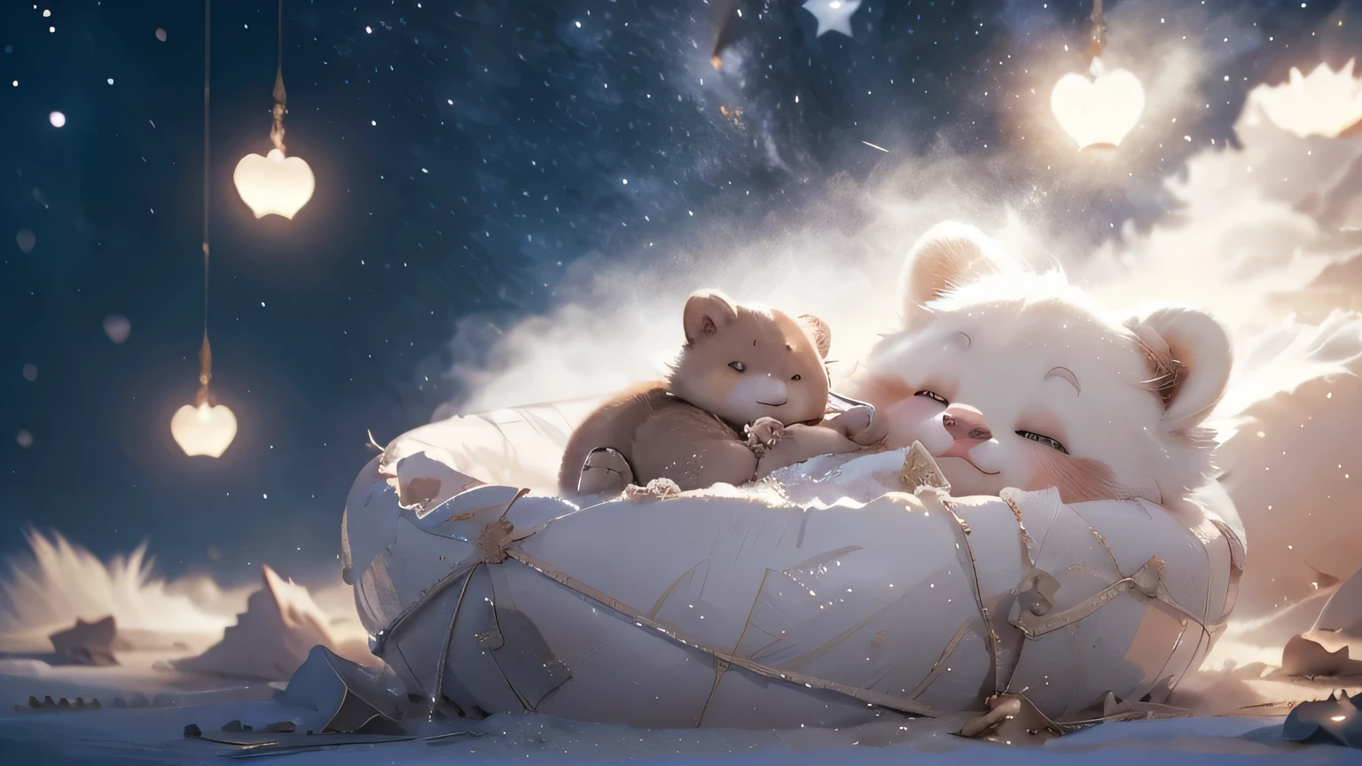 there is a white bear that is sleeping on a cloud, sweet dreams, sleep with love, sleepy, trending on cgstation, sleep, sleeping, dreamy night, dreamy, .. if only i could sleep, dreamworks animation style, good night, cold freezing nights, animated film, wojtek fus, dreamtime, animated movie, dreamy illustration, cute 3 d render